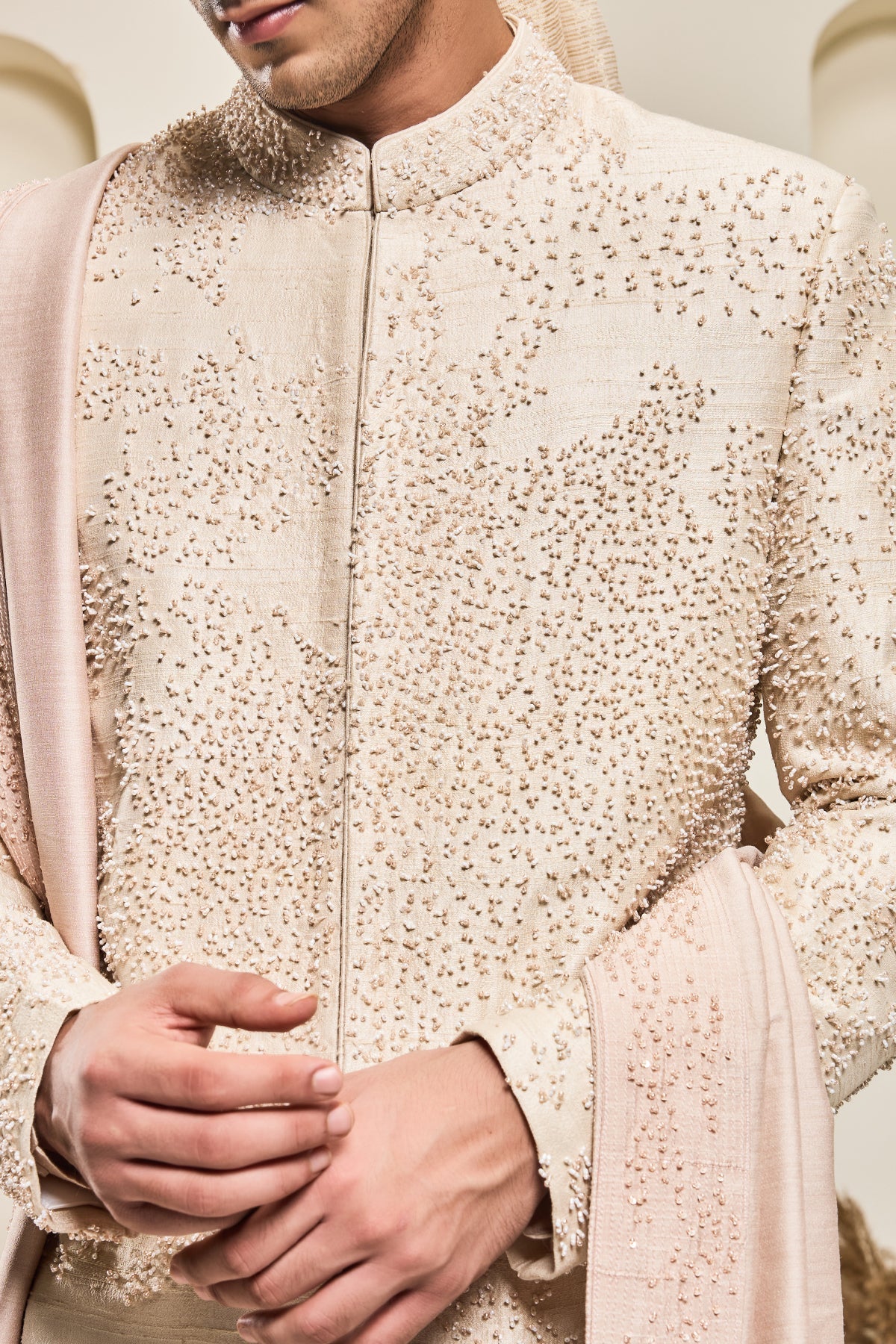 Dusty rose sherwani with pearl and cutdana