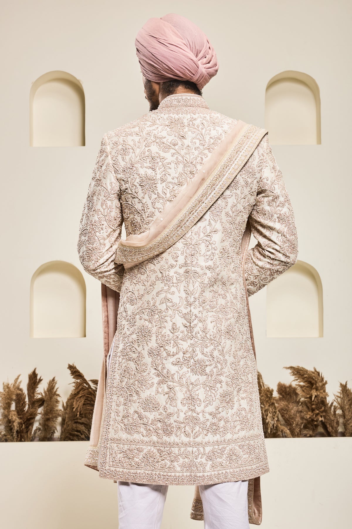 Dusty rose sherwani with pearl and sequins work