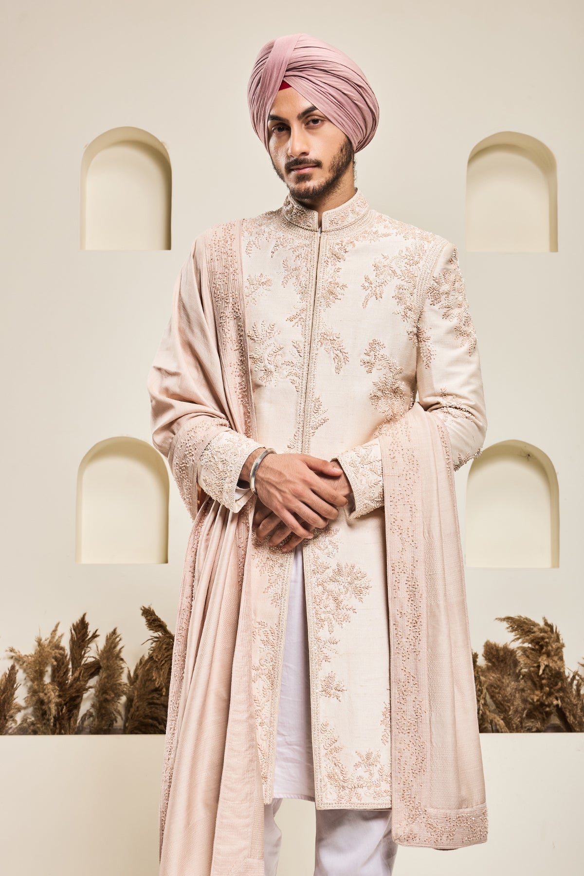 Dusty rose sherwani with pearl sequins critical and spring work