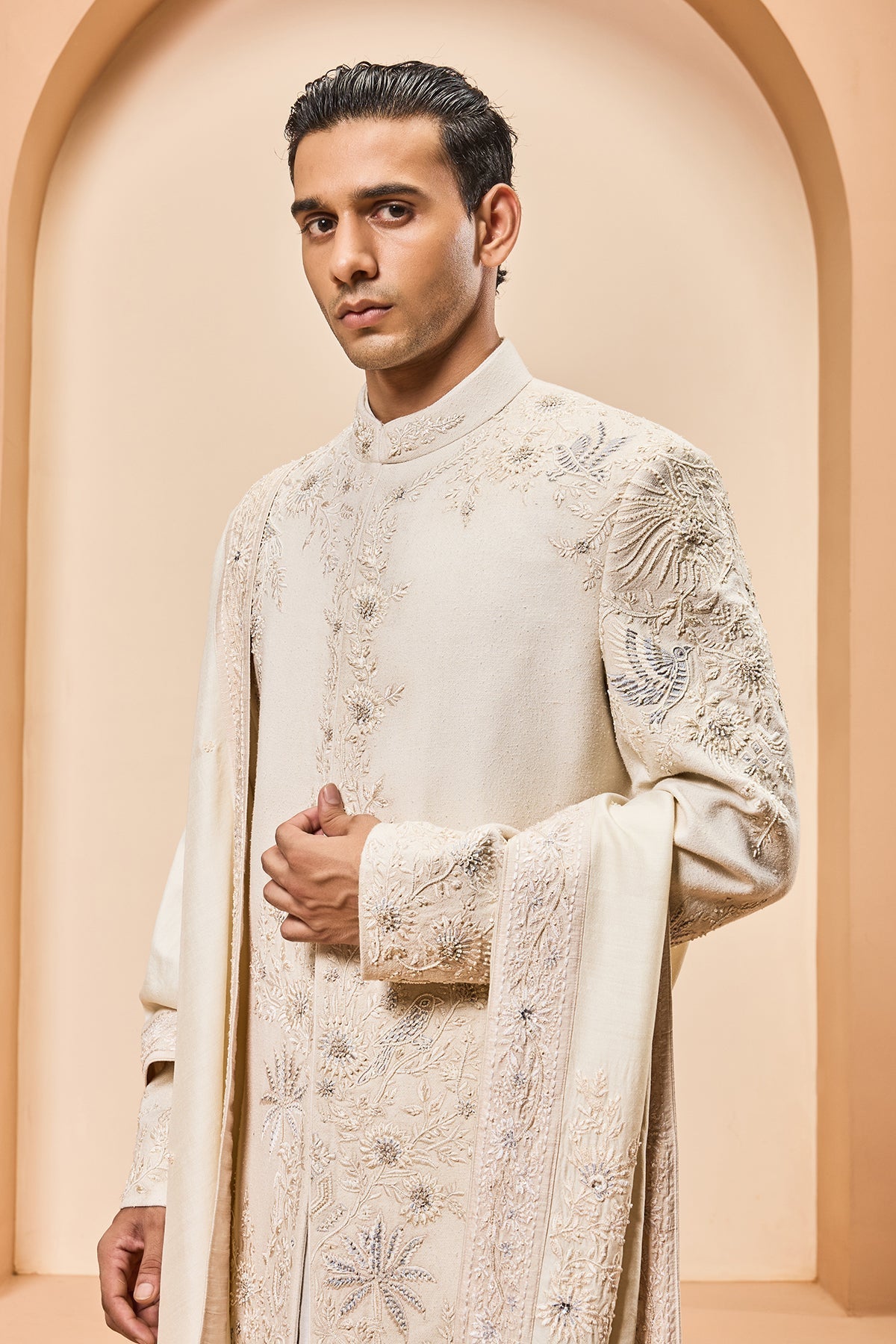 Ivory sherwani with pearl sequins and resham thread work