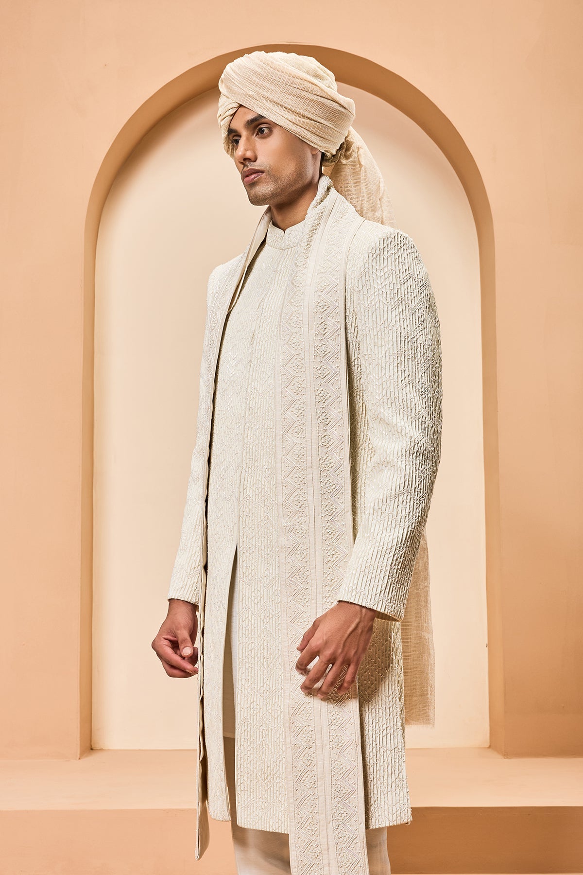 Ivory sherwani detailing with pearl sequins and thread work