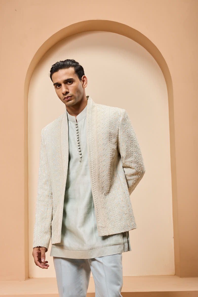 Powder blue open bandhgala 
with thread sequins & pearl
work