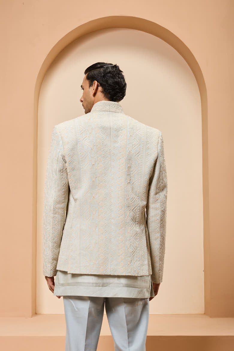 Powder blue open bandhgala 
with thread sequins & pearl
work