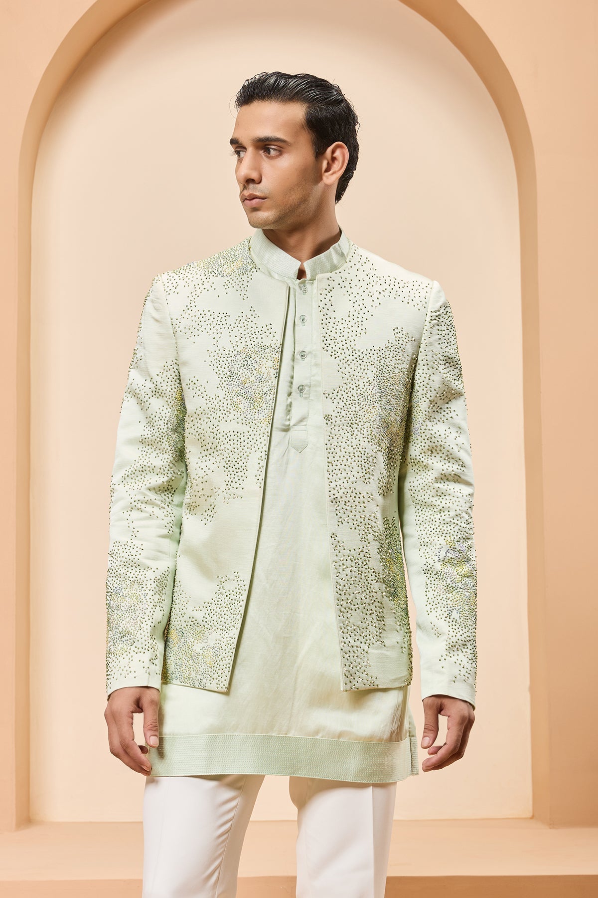 Green open bandhgala 
with thread sequins & pearl
work