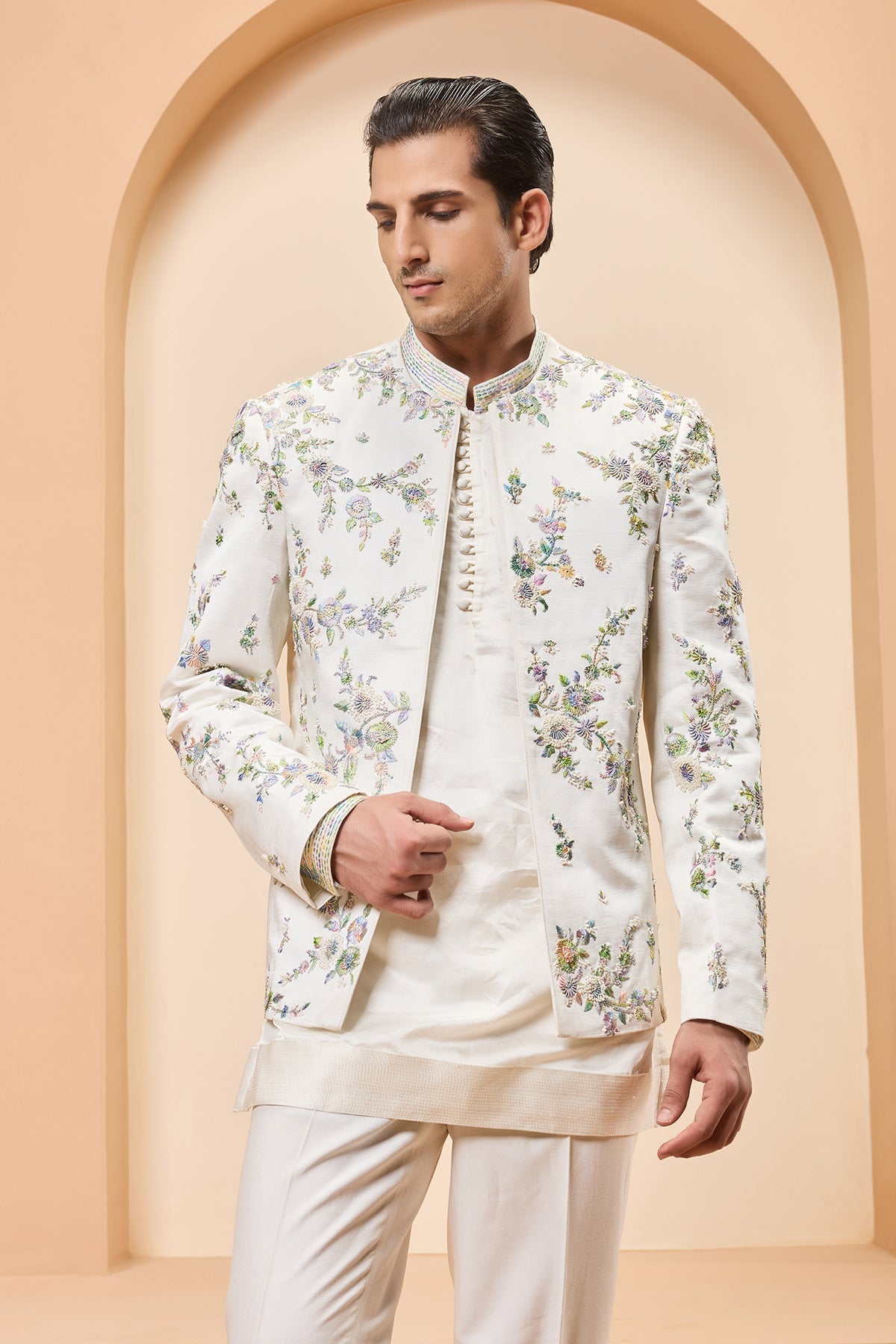 Ivory open bandhgala 
with thread sequins & pearl
work