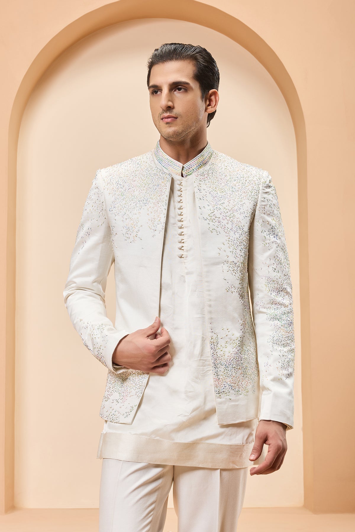 Ivory open bandhgala 
with thread sequins & pearl
work