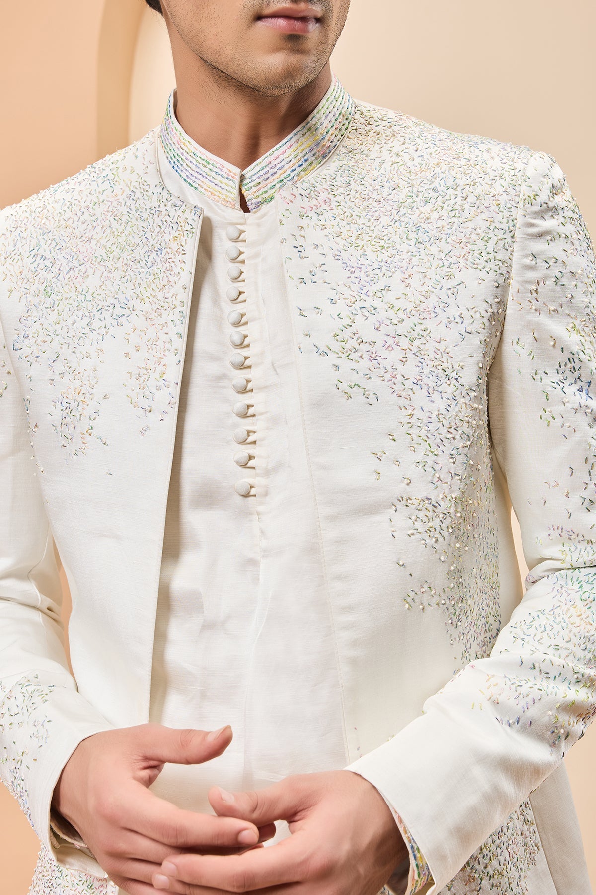 Ivory open bandhgala 
with thread sequins & pearl
work