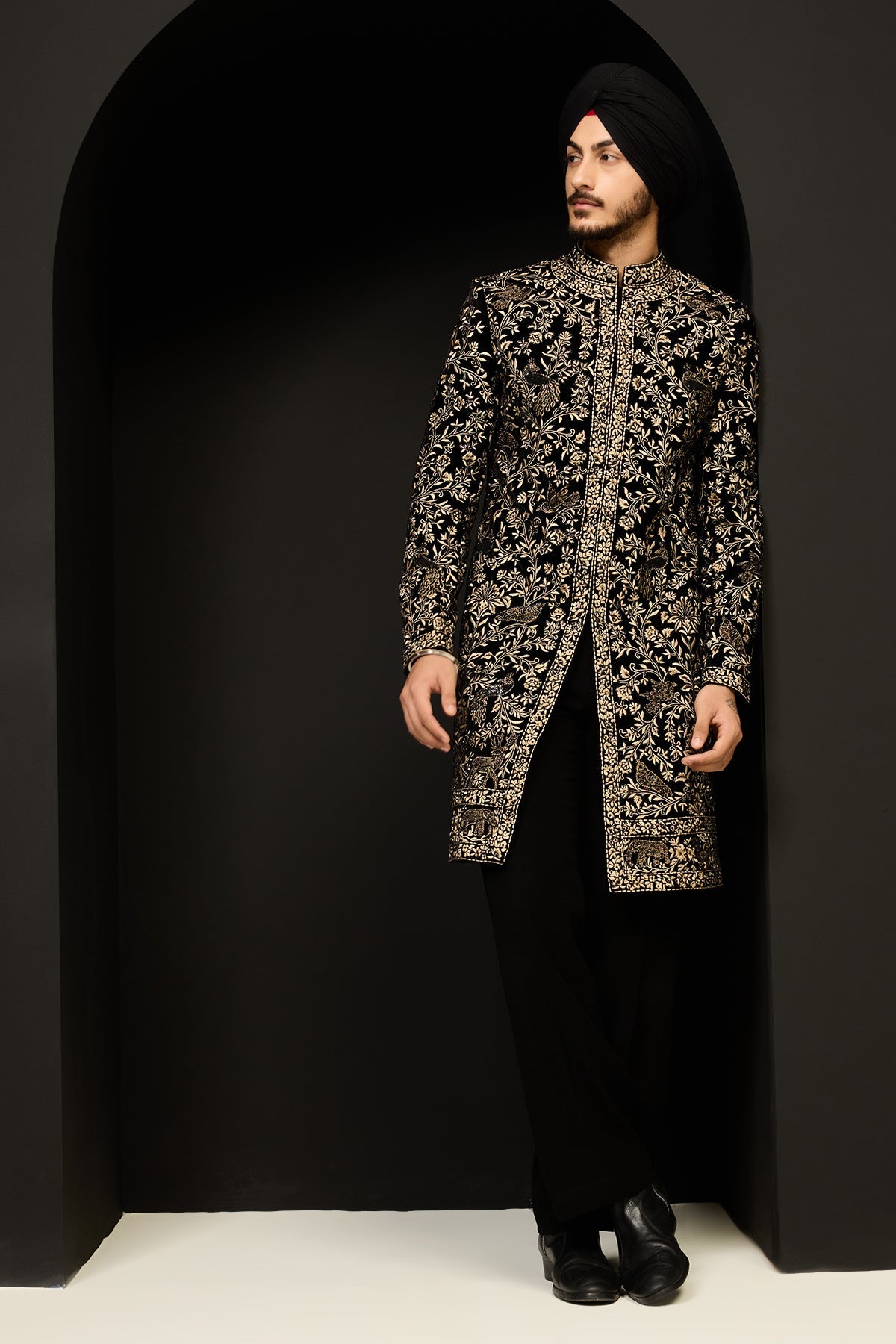 Black indo Western highlighting with gold zari sequins pearl and cutdana