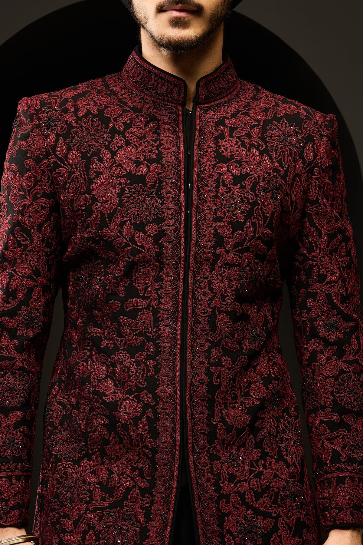 Black indo Western highlighting with sequins pearls and wine thread work