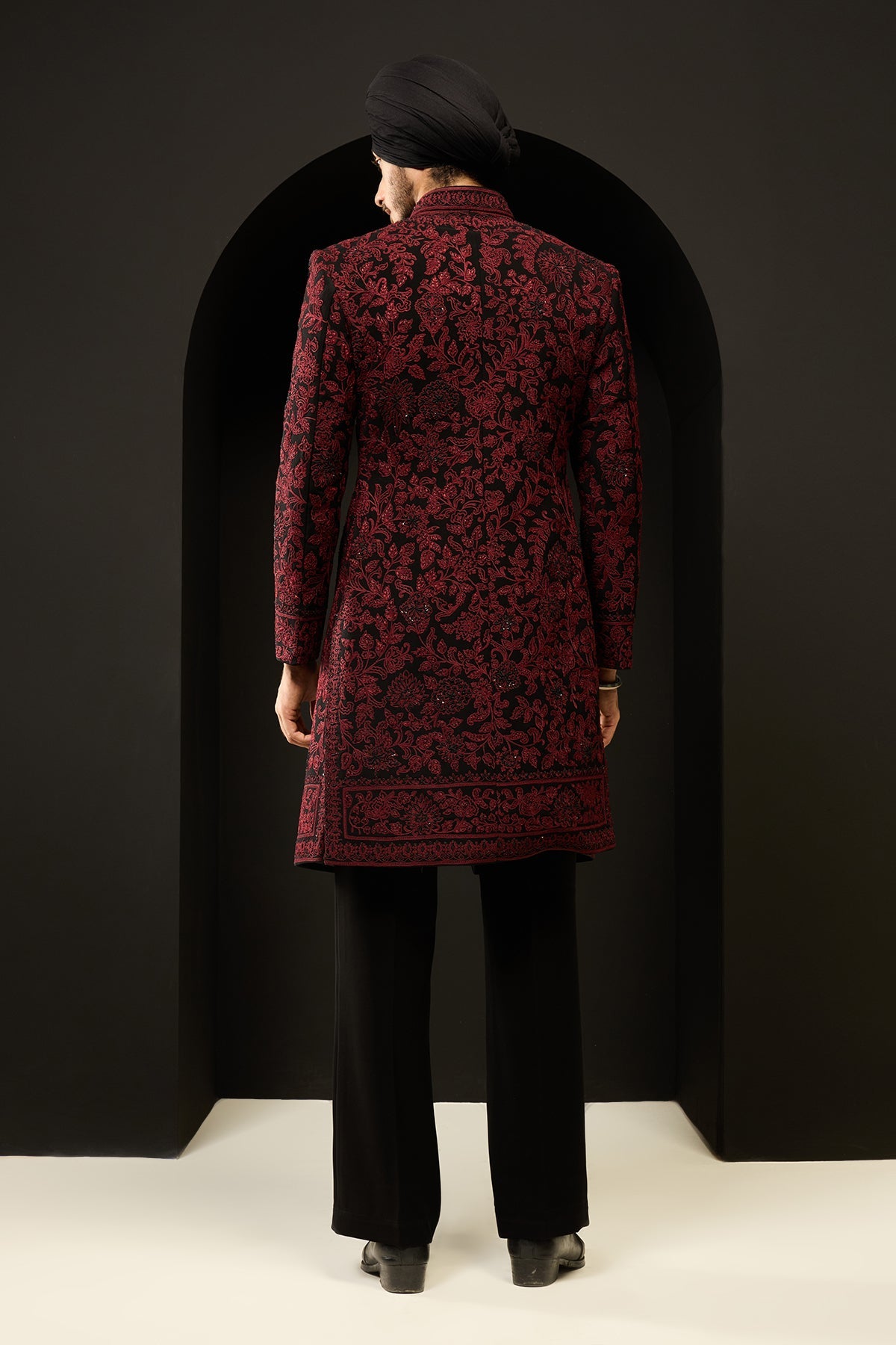 Black indo Western highlighting with sequins pearls and wine thread work