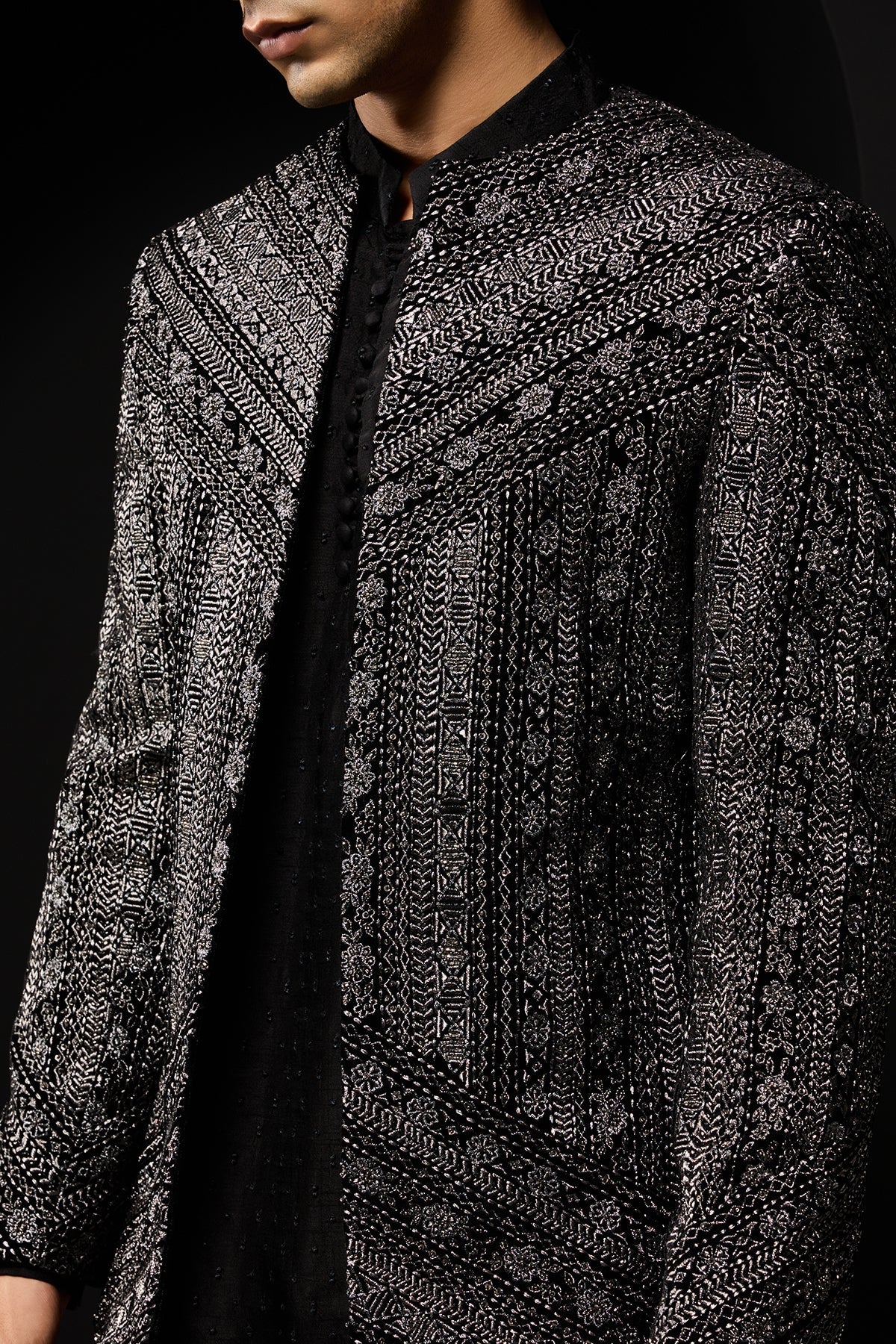 Black open bandhgala 
with silver zari sequins & pearl
work