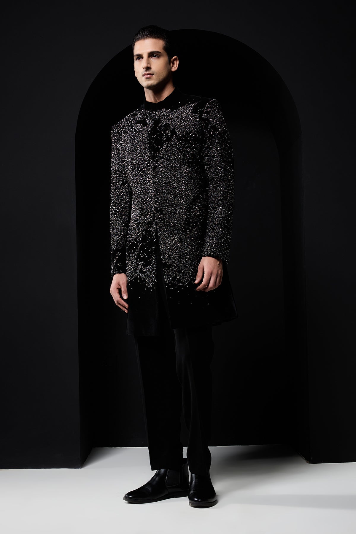 Black indo Western highlighting with silver zari pearls and cutdana