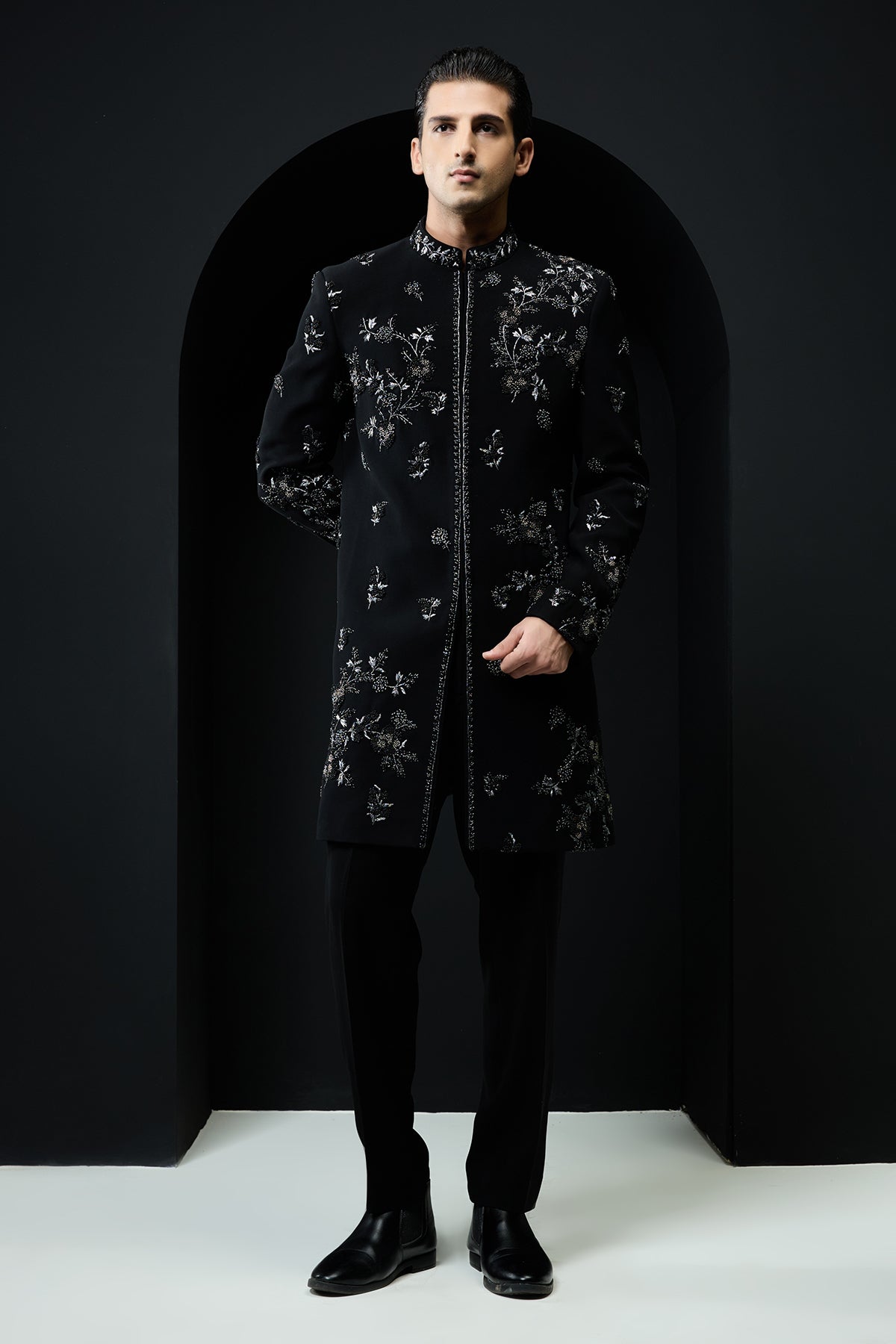 Black indo Western highlighting with silver zari pearls and cutdana