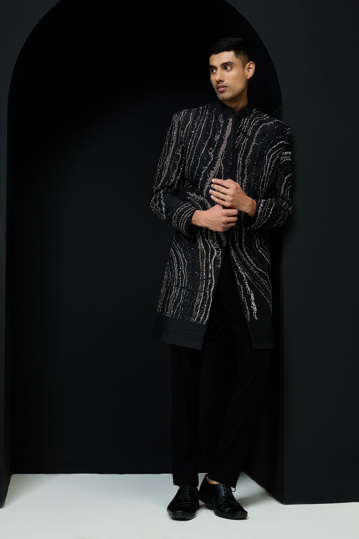 Black indo Western highlighting with pearls sequins and cutdana