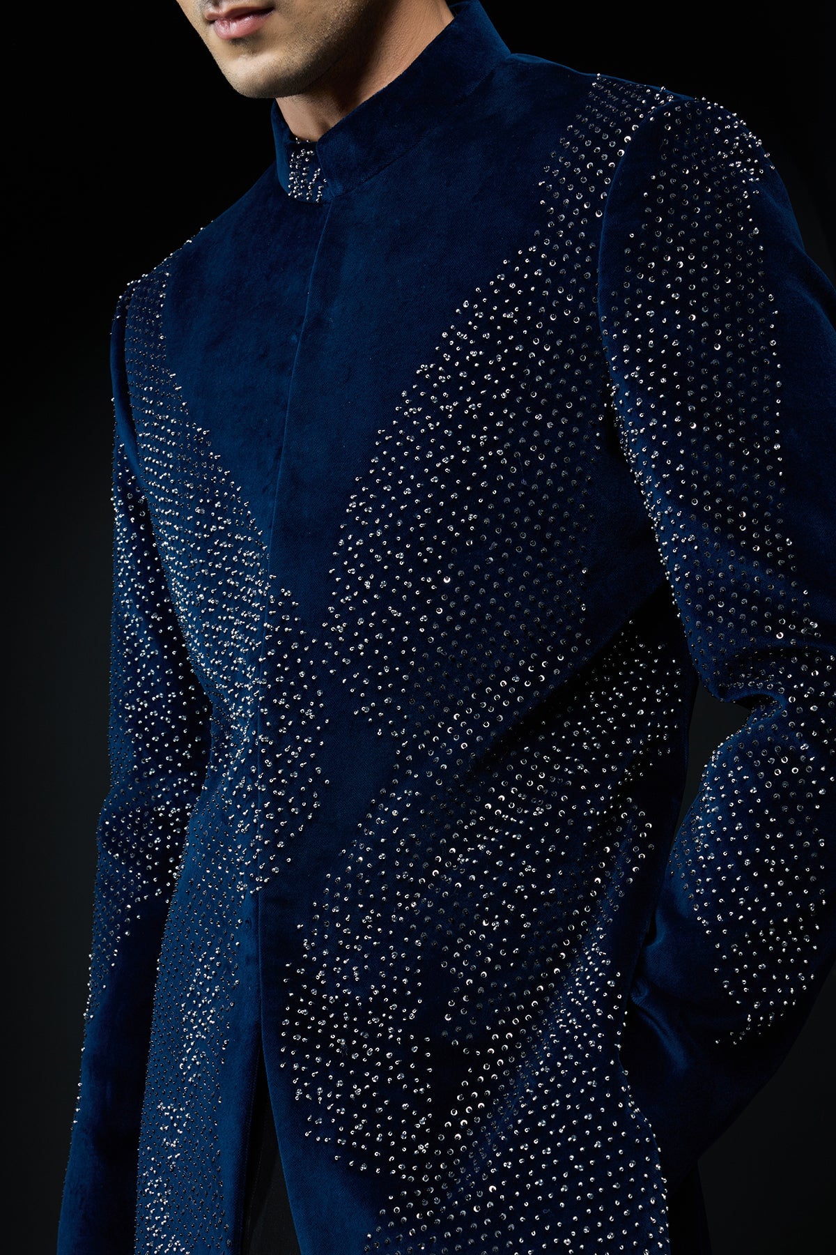 Teal blue Indo Western highlighted with sequins and pearls