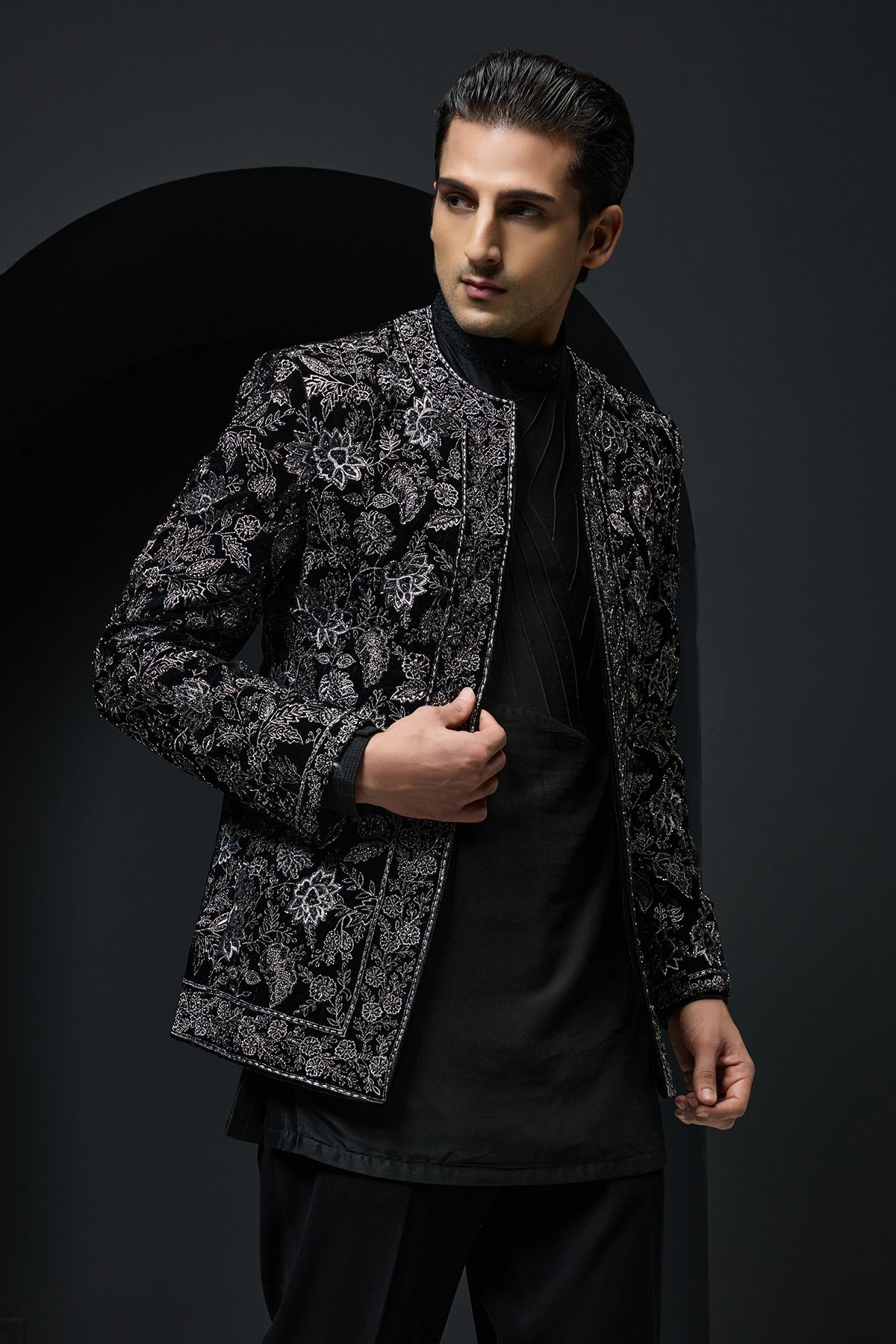 Black open bandhgala 
with silver zari sequins & pearl
work