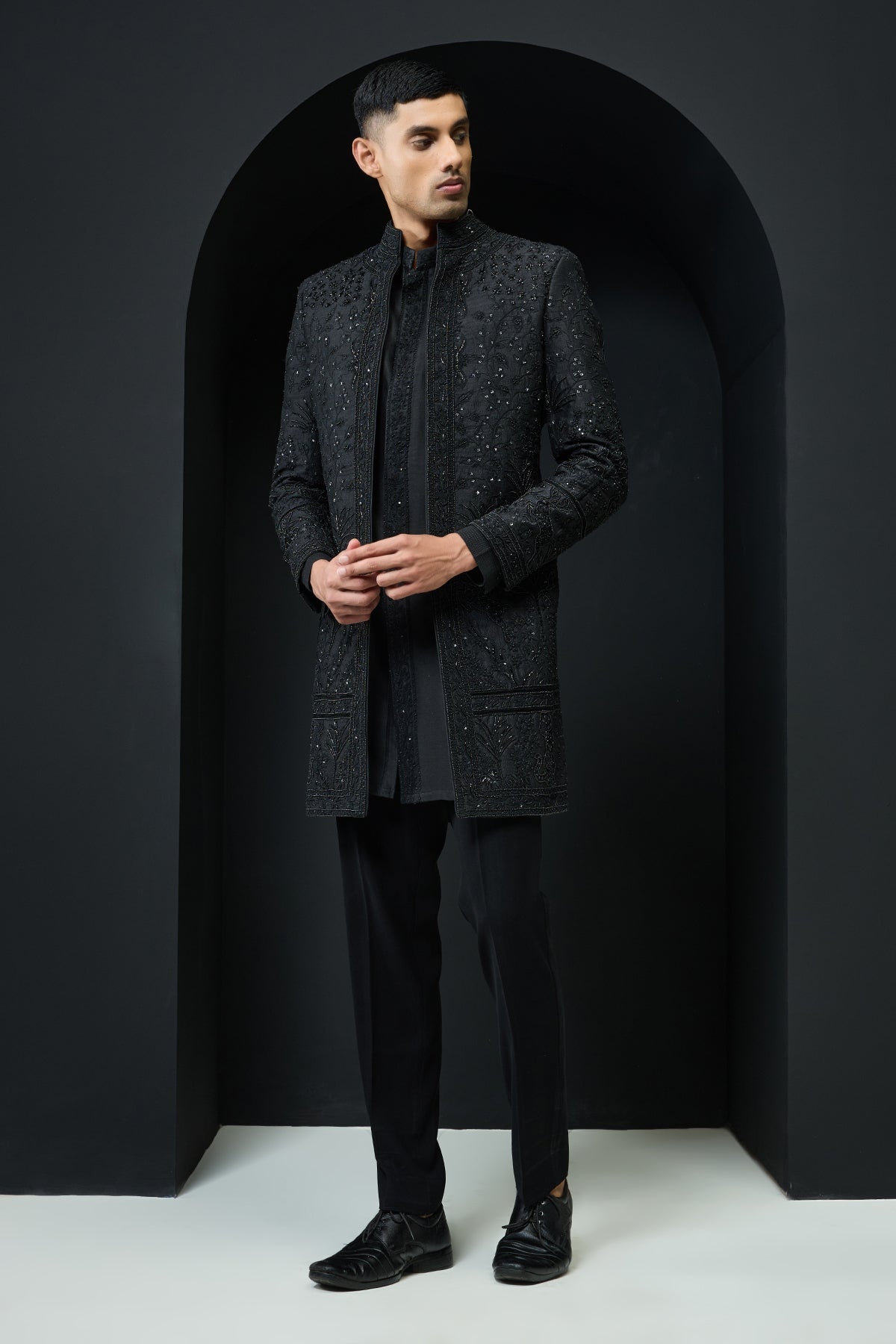 Black open indo Western highlighting with pearls sequins and thread work