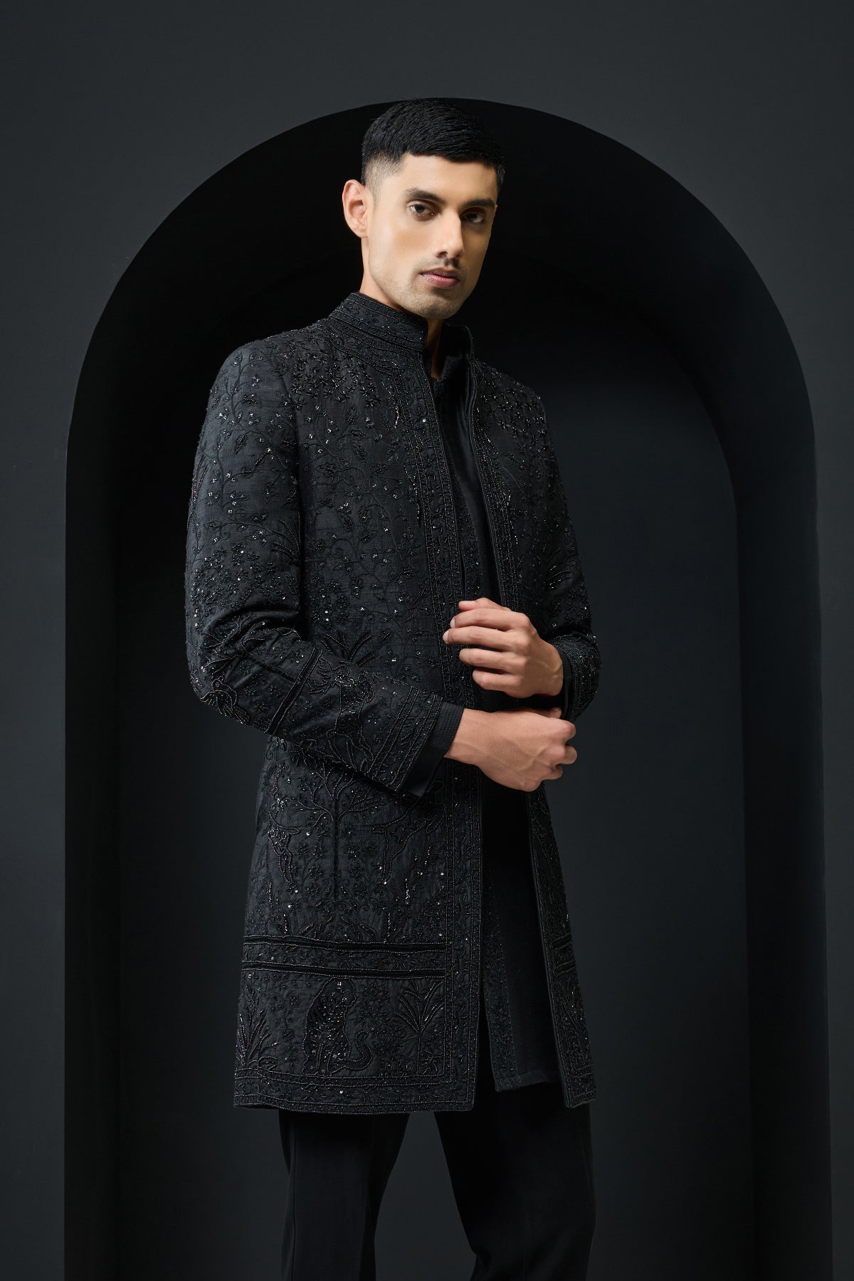 Black open indo Western highlighting with pearls sequins and thread work