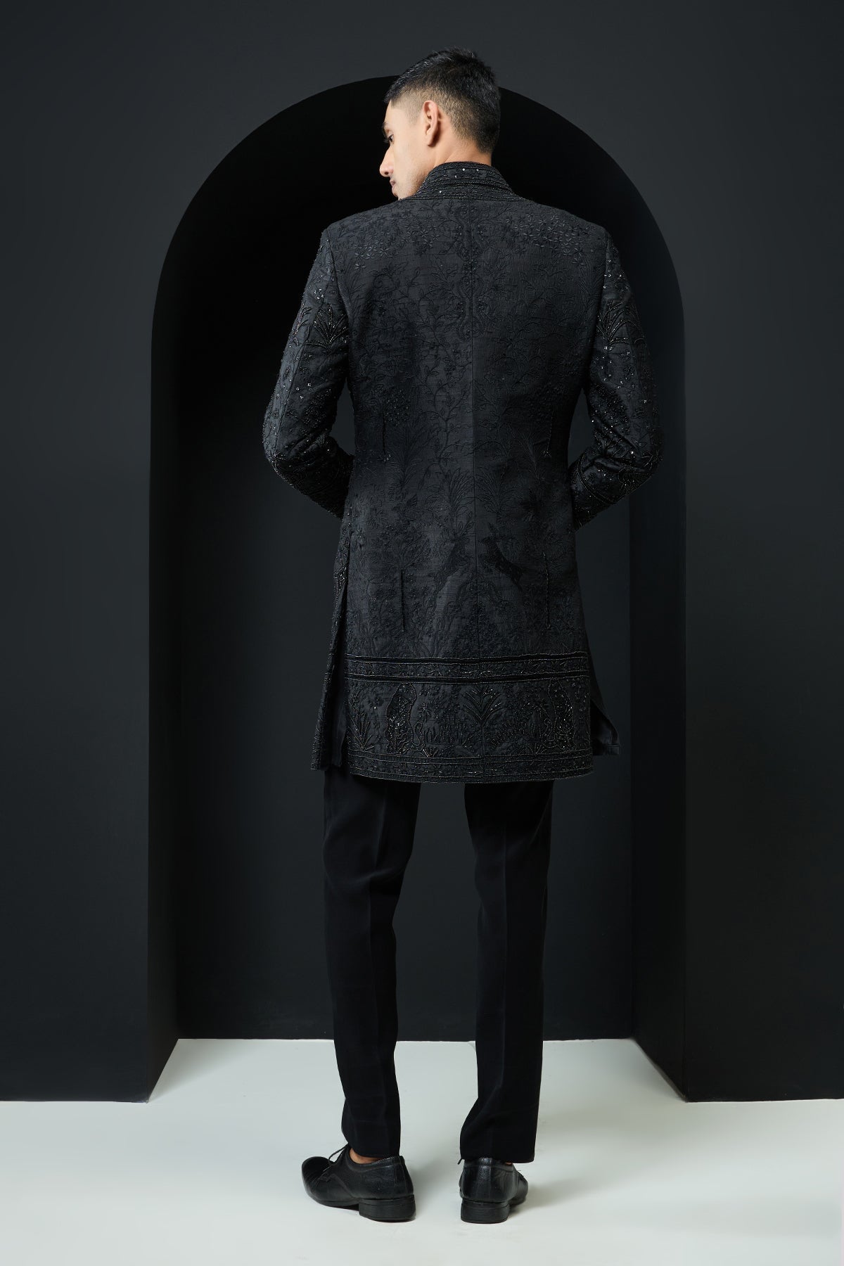 Black open indo Western highlighting with pearls sequins and thread work