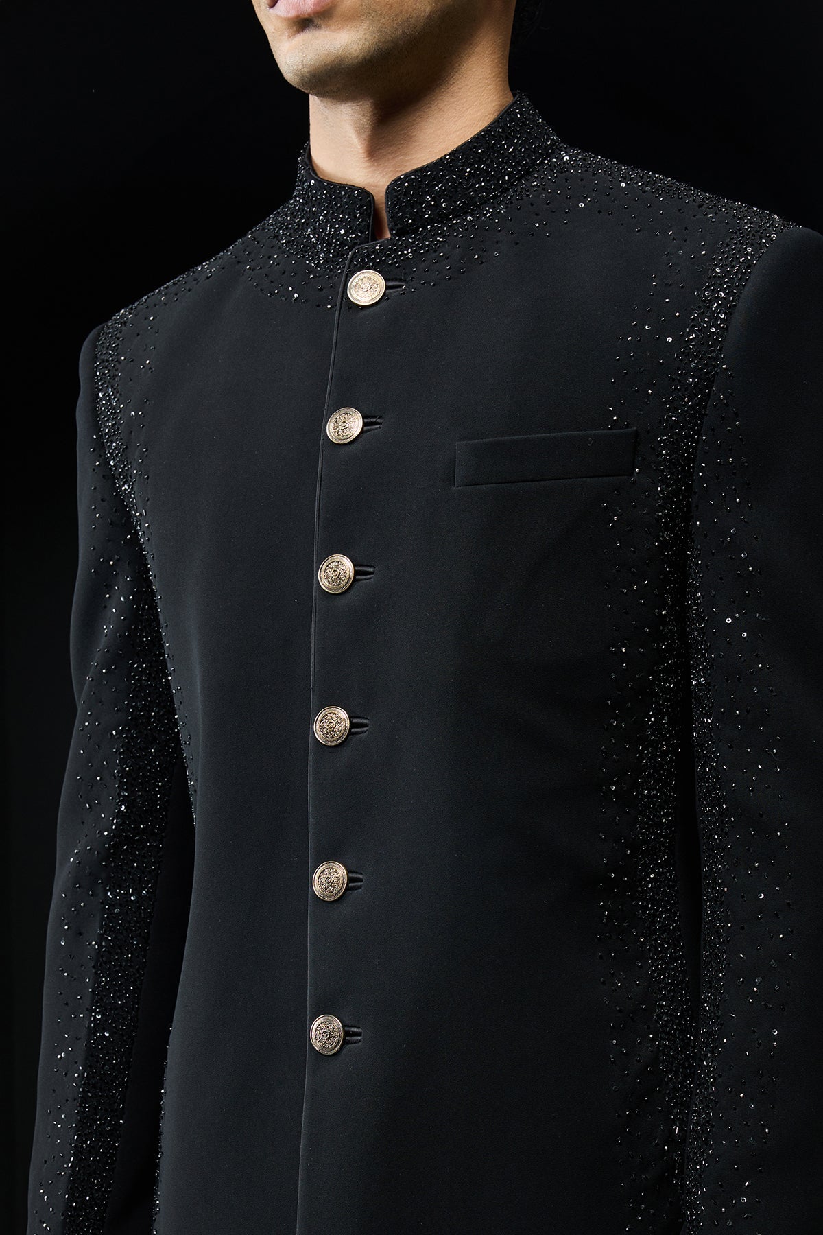 Black Bandhgala highlighted with pearls and sequins