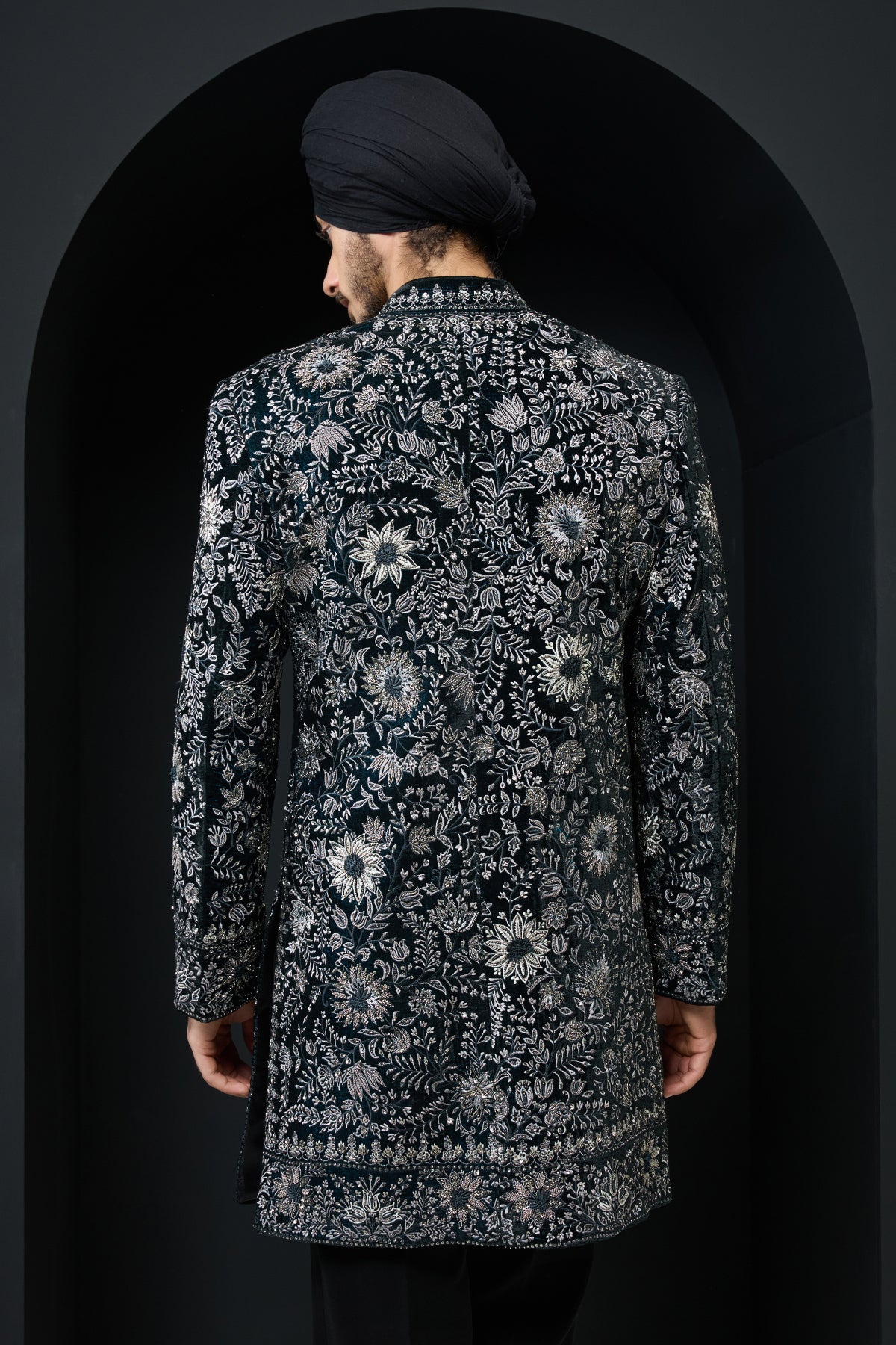 Teal Indo Western highlighted with pearl sequins cutdana and spring thread work