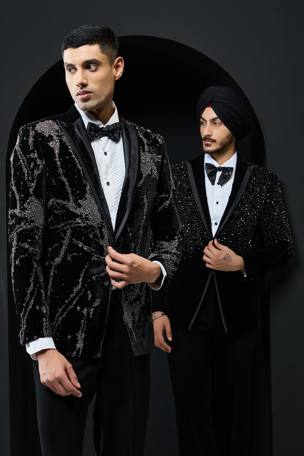 Black tuxedo highlighted with sequins pearls and cutdana