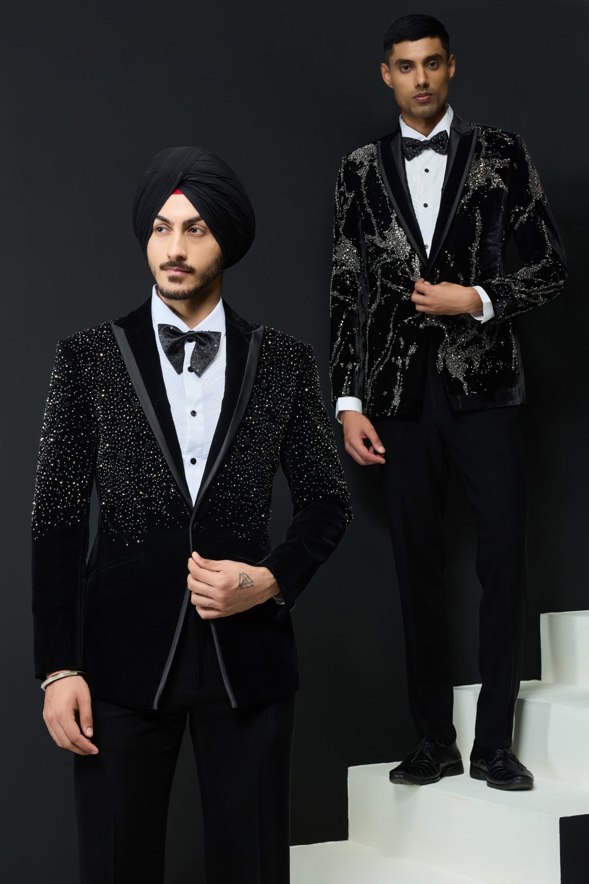 Black tuxedo highlighted with sequins pearls and cutdana