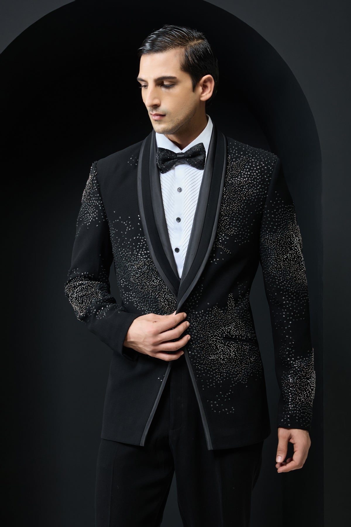 Black tuxedo highlighted with sequins pearls cutdana