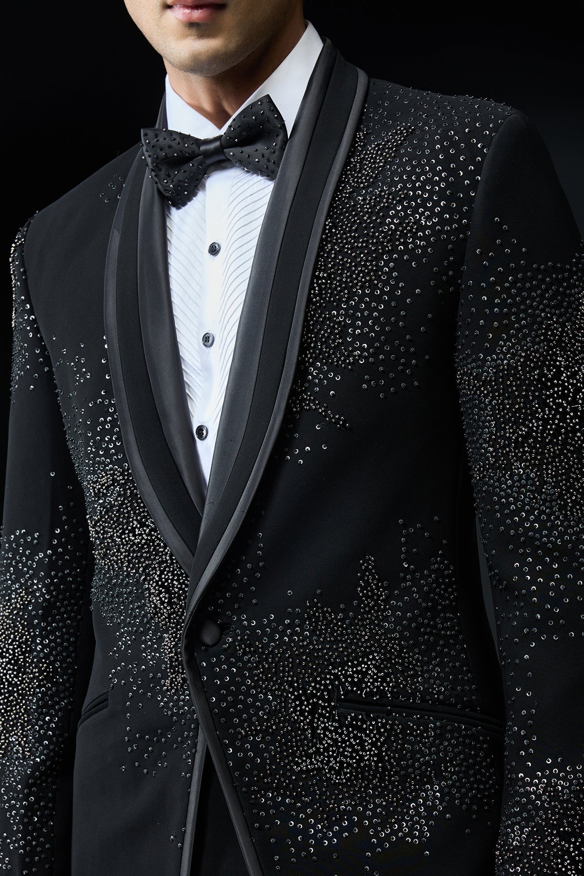 Black tuxedo highlighted with sequins pearls cutdana