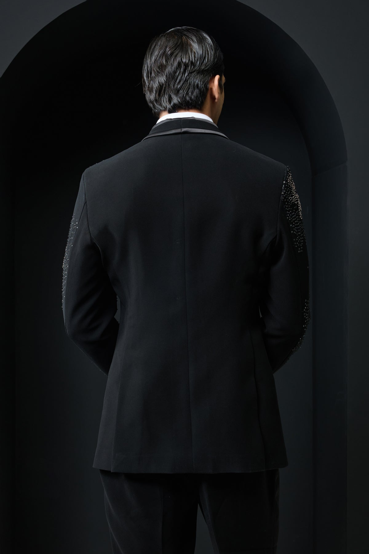 Black tuxedo highlighted with sequins pearls cutdana