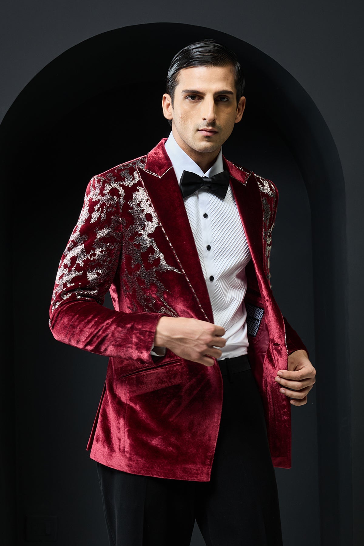Wine tuxedo highlighted with cutdana