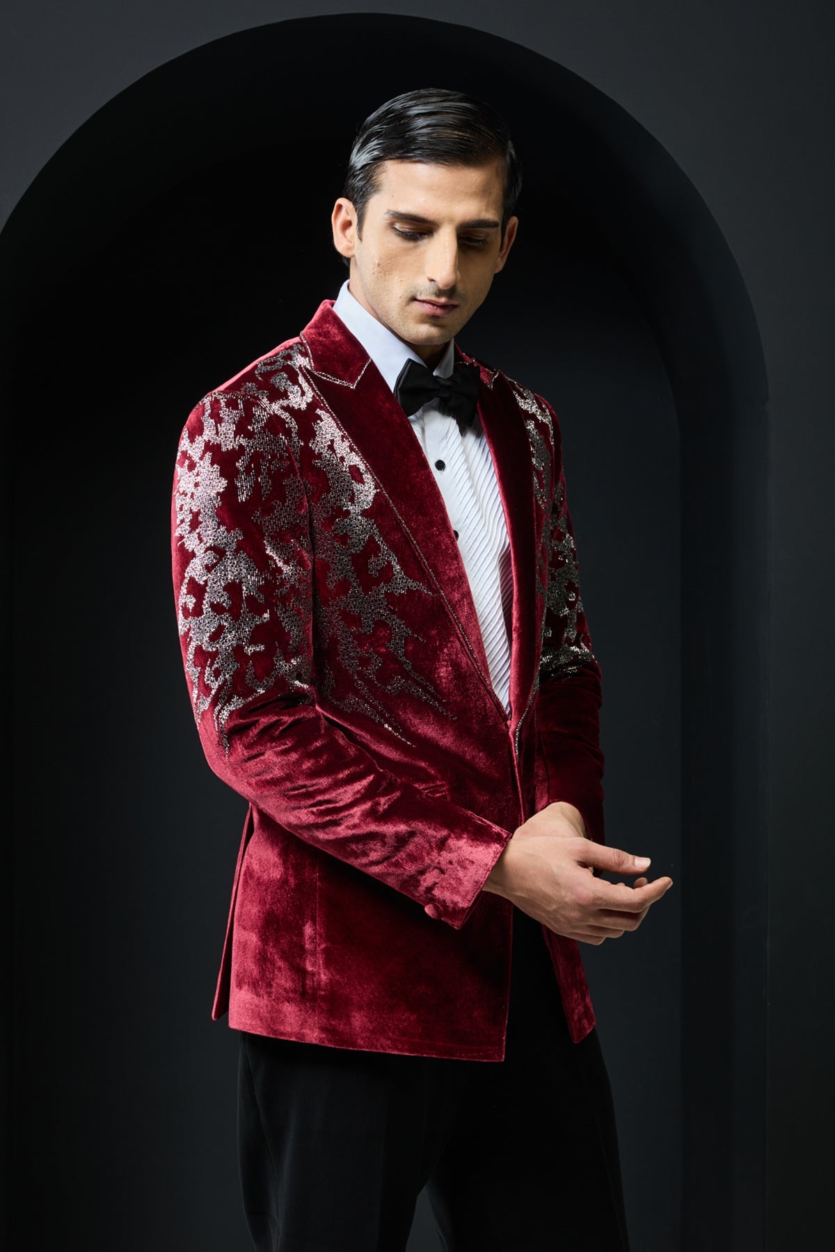 Wine tuxedo highlighted with cutdana