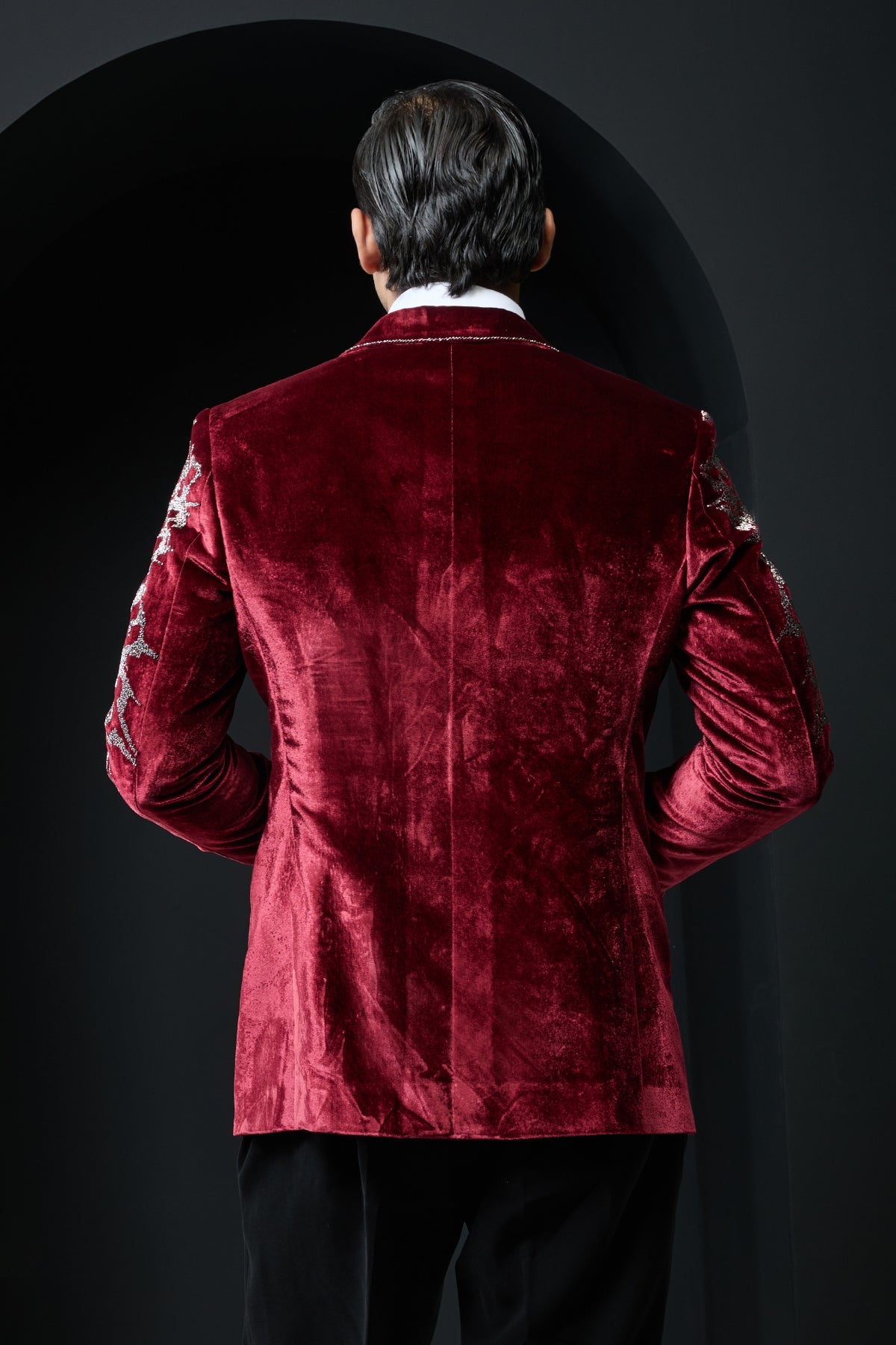 Wine tuxedo highlighted with cutdana