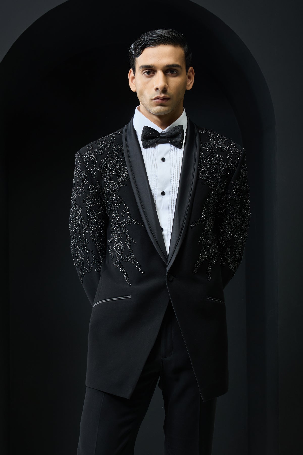 Black tuxedo highlighted with sequins pearls cutdana