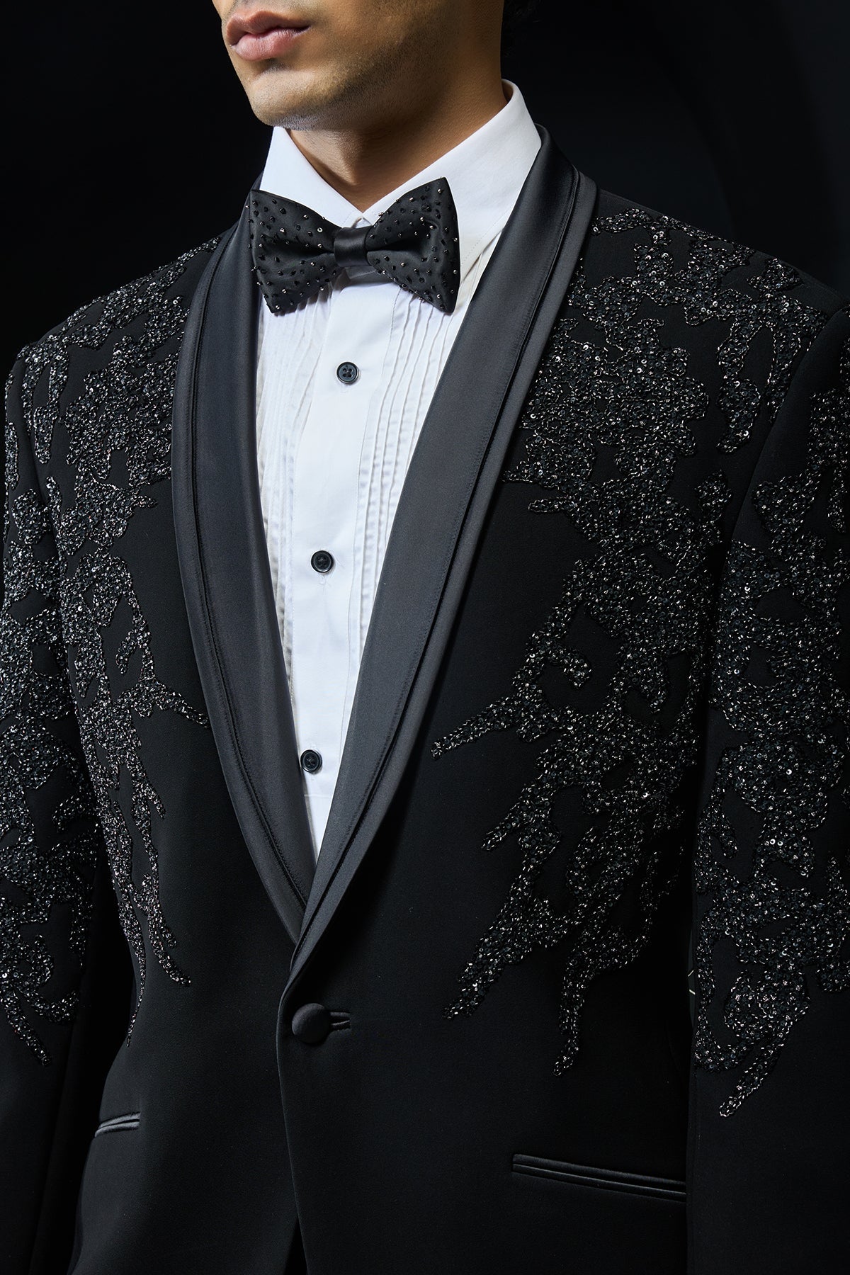 Black tuxedo highlighted with sequins pearls cutdana