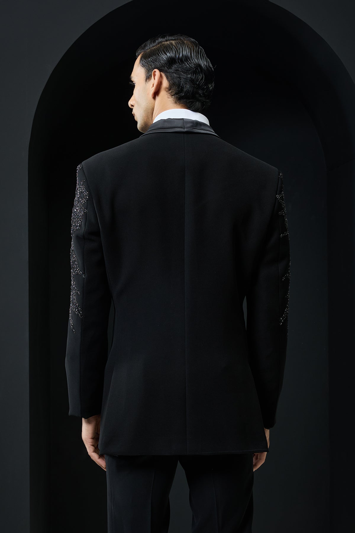 Black tuxedo highlighted with sequins pearls cutdana