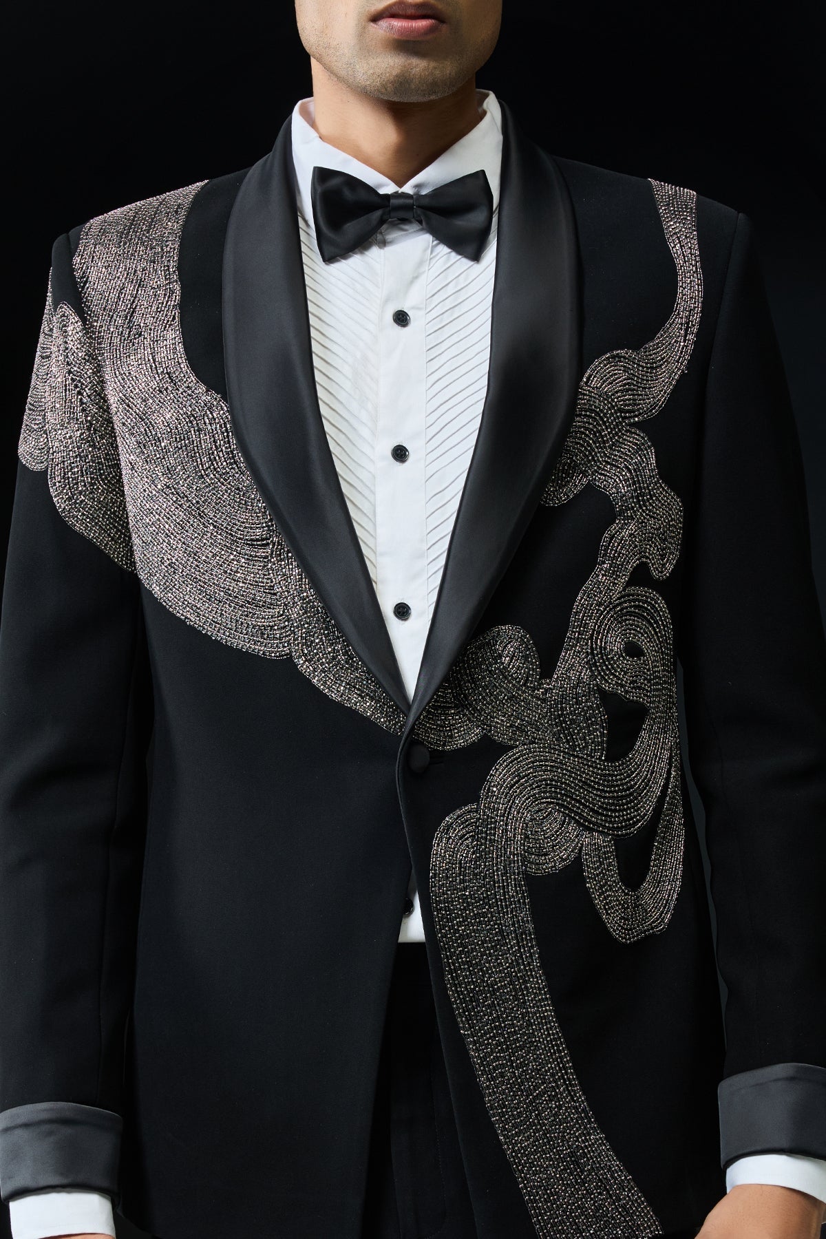 Black tuxedo highlighted with silver zari cutdana and peals