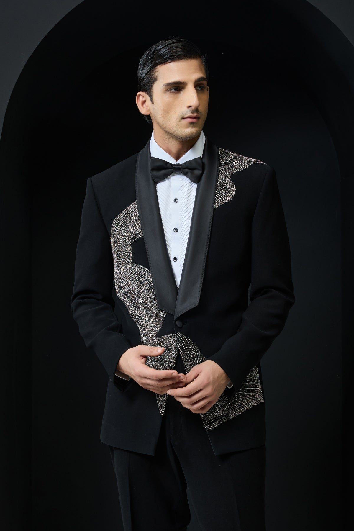 Black tuxedo highlighted with silver zari cutdana and peals