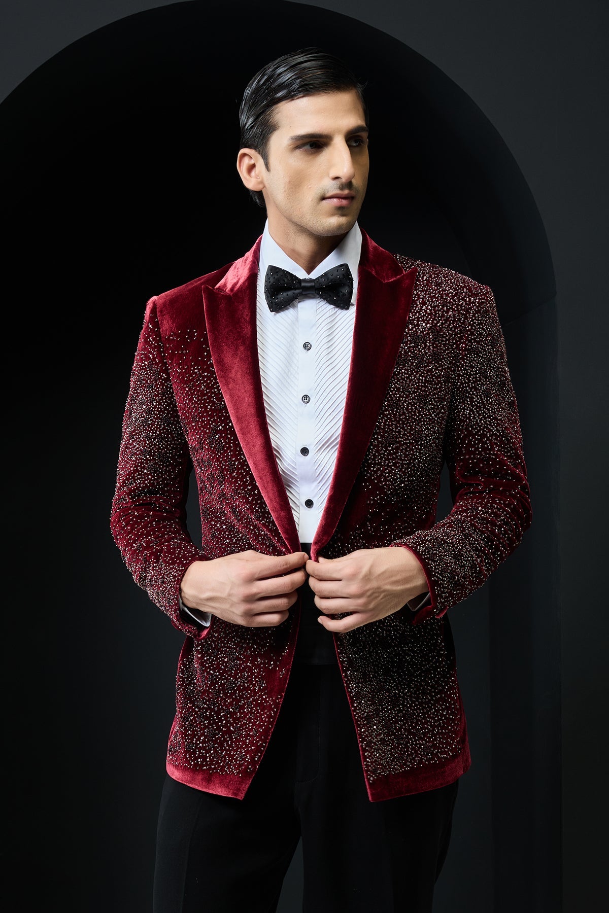 Wine tuxedo highlighted with pearls and square crystal beads