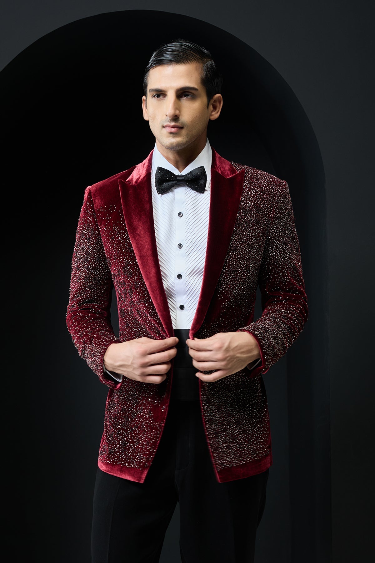 Wine tuxedo highlighted with pearls and square crystal beads