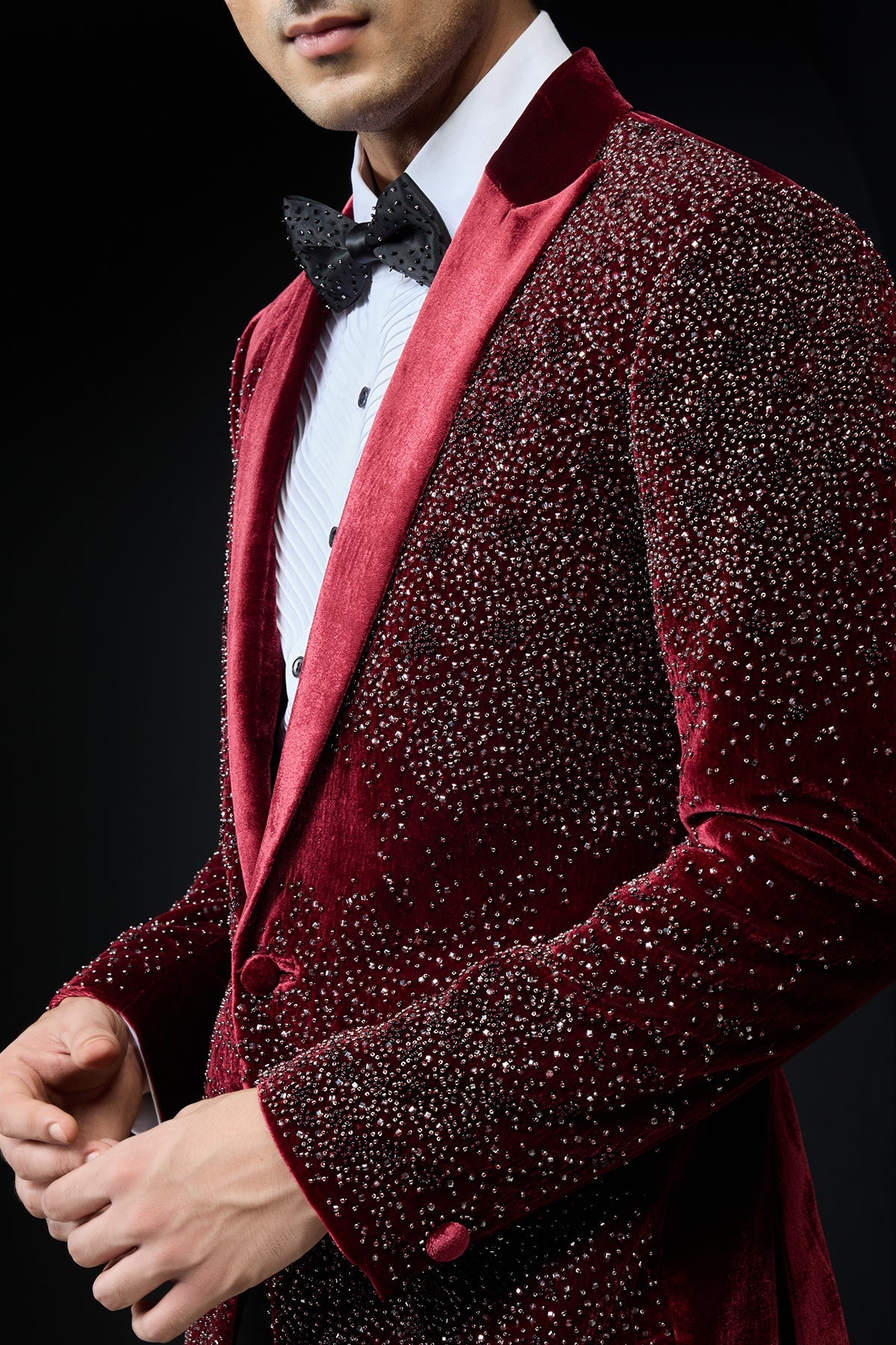 Wine tuxedo highlighted with pearls and square crystal beads