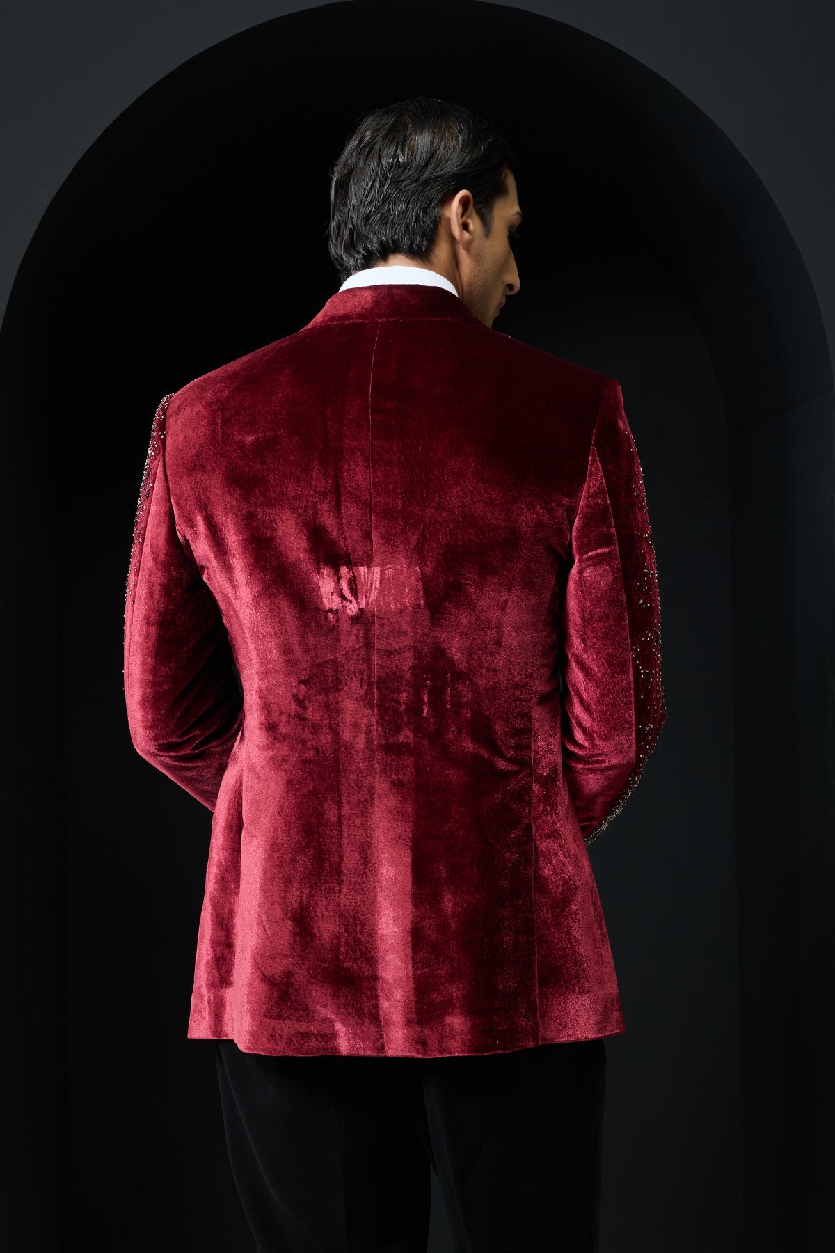 Wine tuxedo highlighted with pearls and square crystal beads