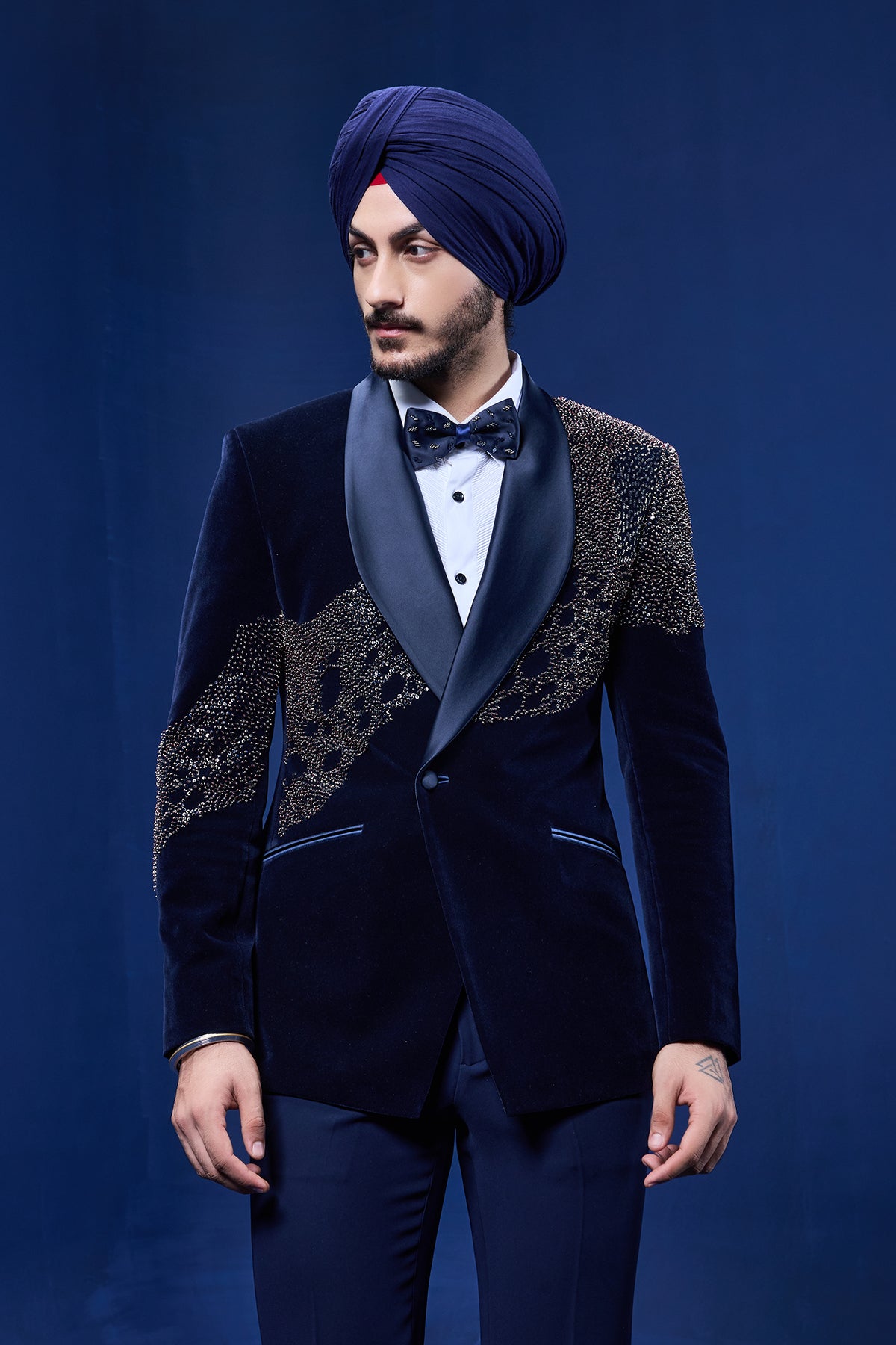 Navy Blue tuxedo highlighted with pearls sequins cutdana and thread work