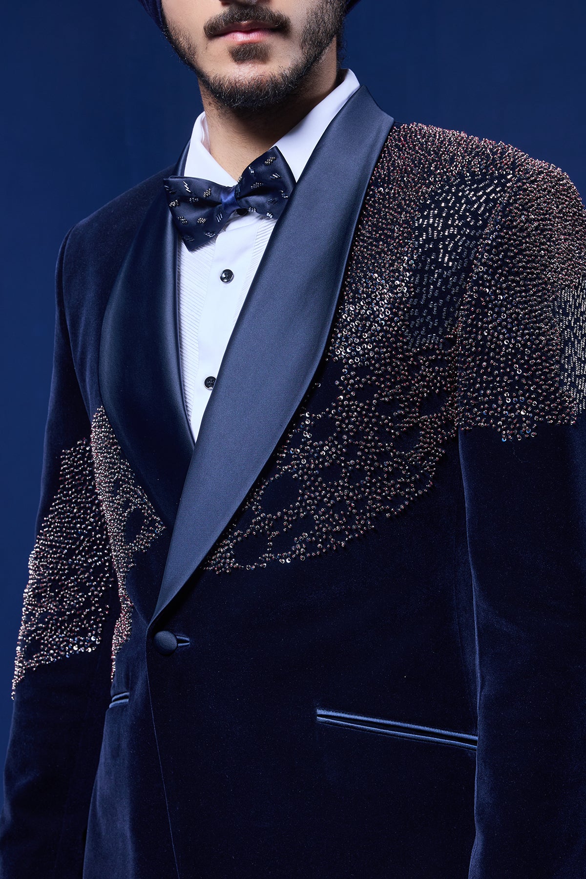 Navy Blue tuxedo highlighted with pearls sequins cutdana and thread work