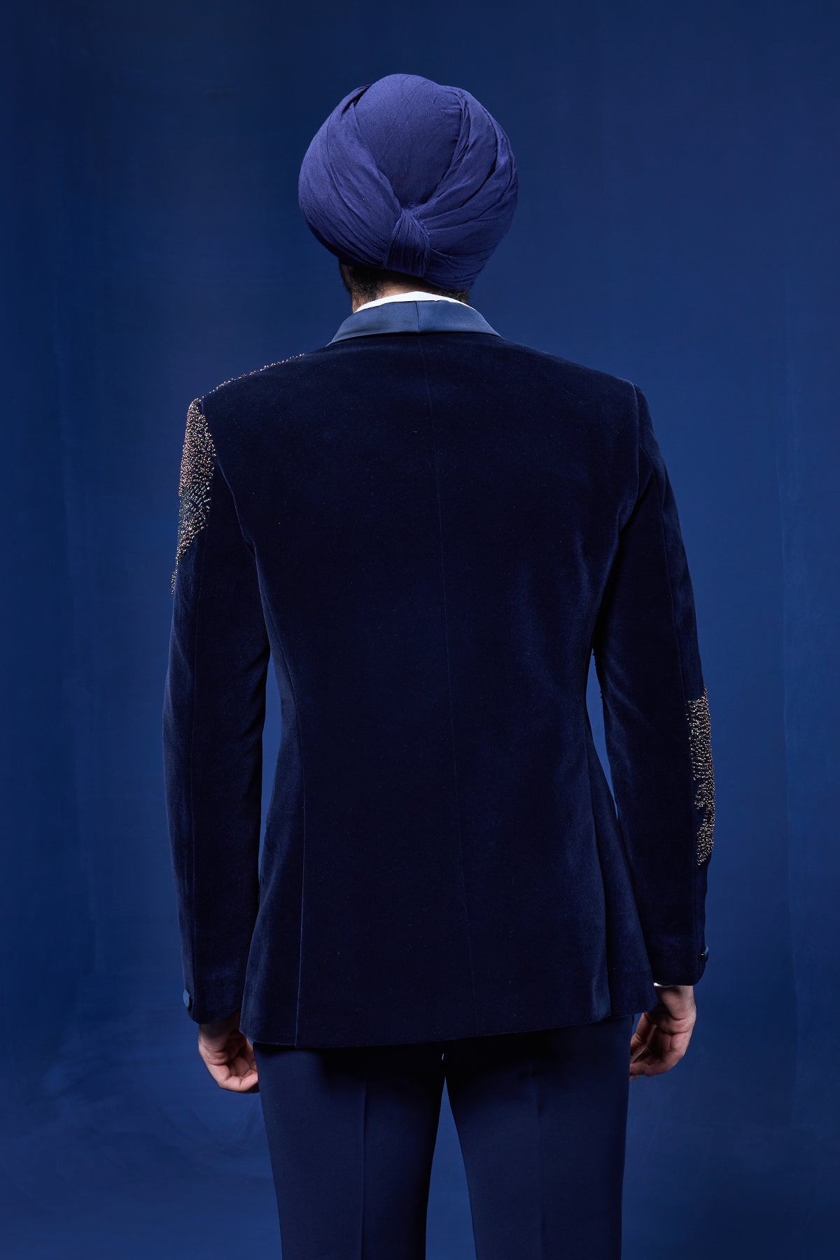 Navy Blue tuxedo highlighted with pearls sequins cutdana and thread work