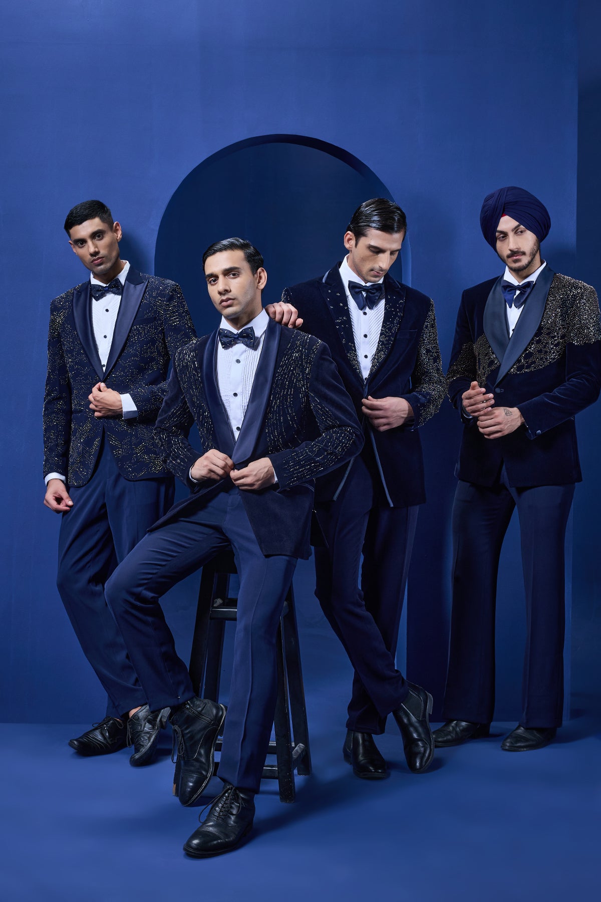 Navy Blue tuxedo highlighted with pearls sequins cutdana and thread work