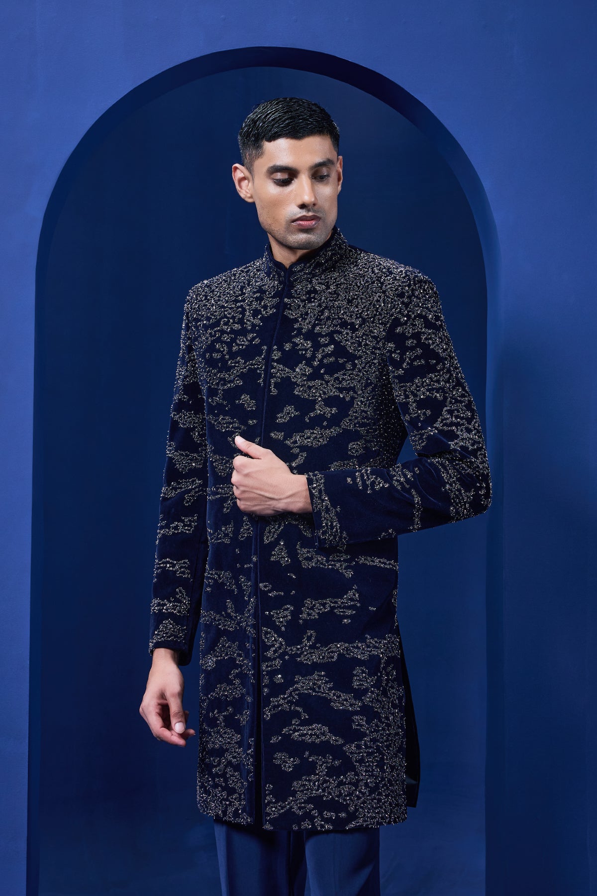 Navy blue Indo Western highlighted with silver zari sequins pearl and cutdana