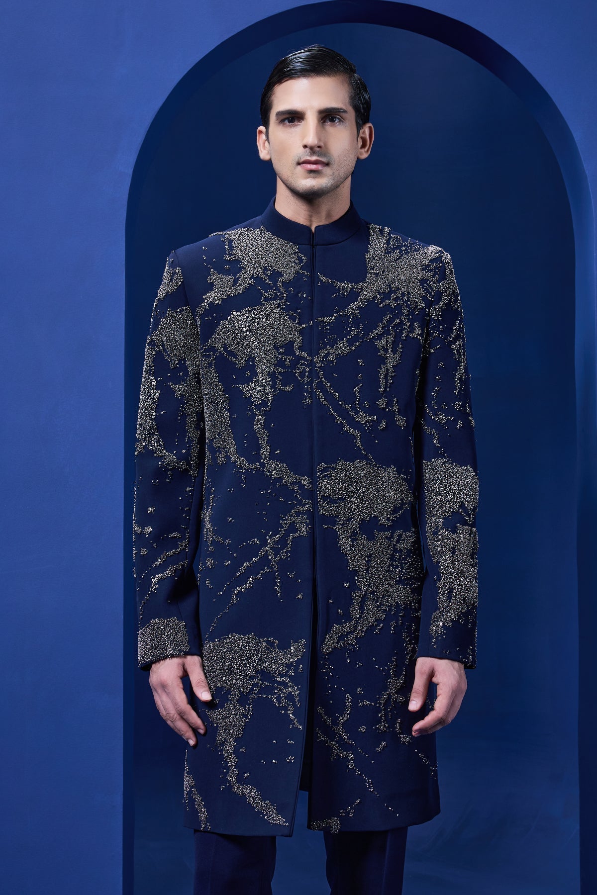 Navy blue Indo Western highlighted with sequins pearl and cutdana