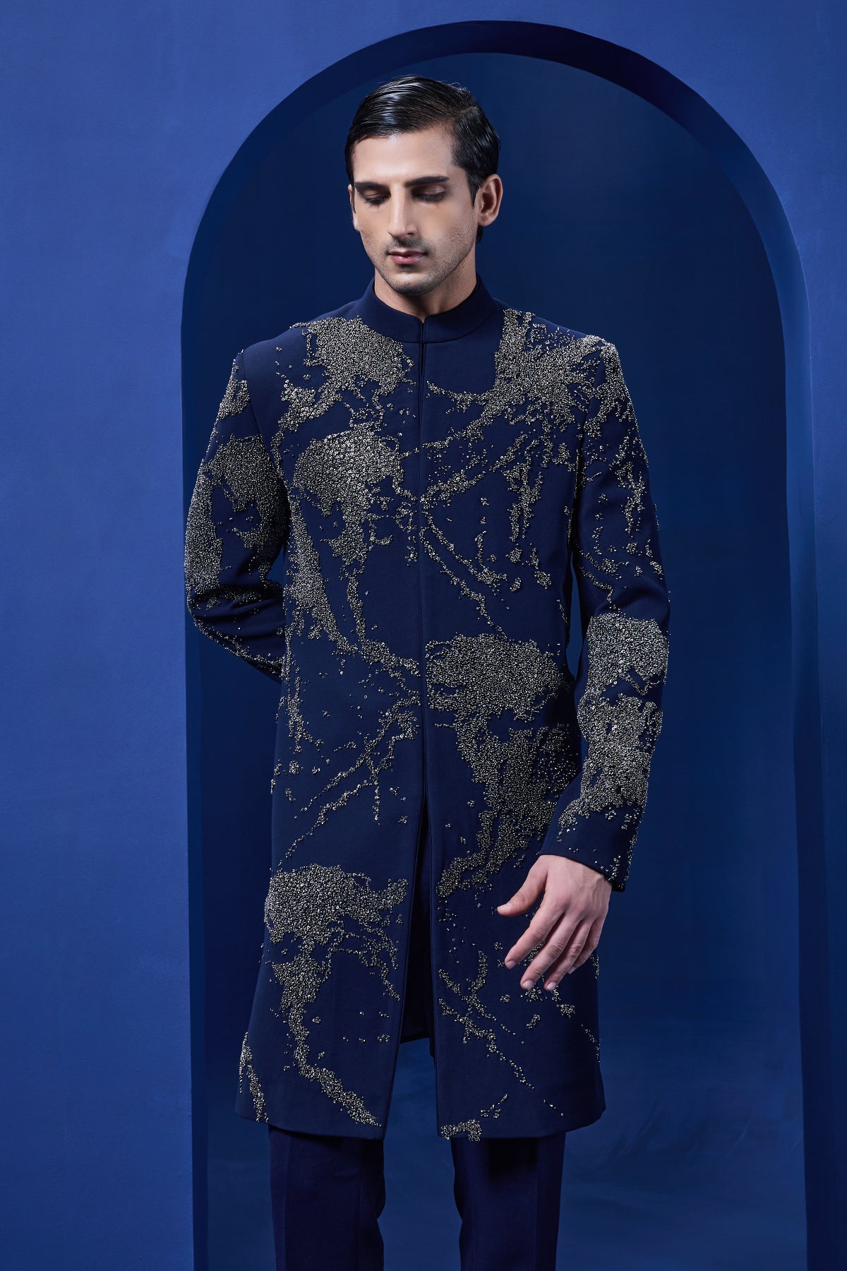 Navy blue Indo Western highlighted with sequins pearl and cutdana