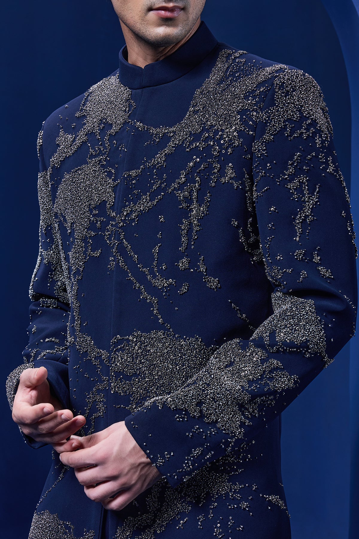 Navy blue Indo Western highlighted with sequins pearl and cutdana